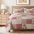 SLPR Country Roses Patchwork Cotton Pieced Quilt Set - King Size with 2 Shams, French Country Style Floral Bedding, Red Rose Farmhouse Quilted Bedspread with Flower Pattern