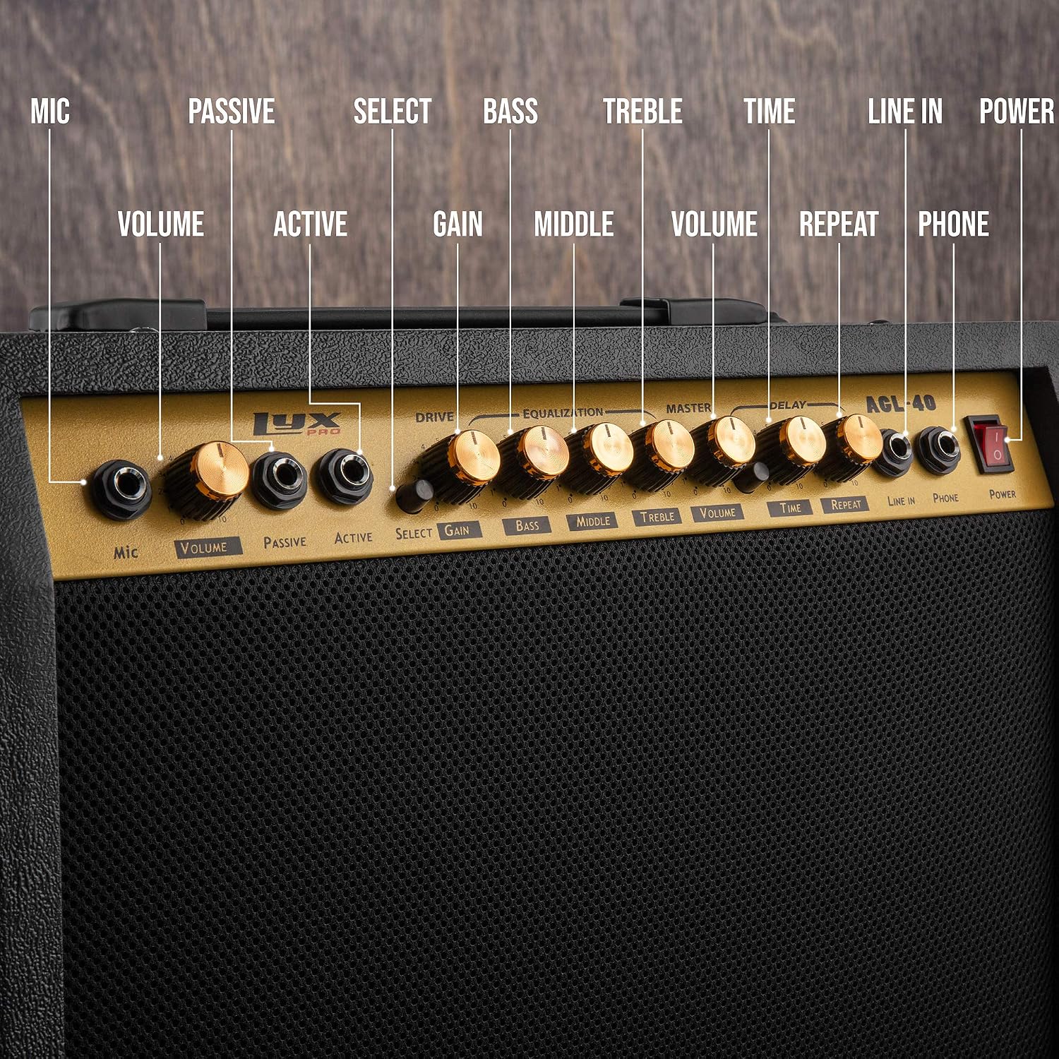 LyxPro 40 Watt Electric Guitar Amplifier | Combo Solid State Studio & Stage Amp with 8' 4-Ohm Speaker, Custom EQ Controls, Drive, Delay, ¼' Passive/Active/Microphone Inputs, Aux in & Headphone Jack
