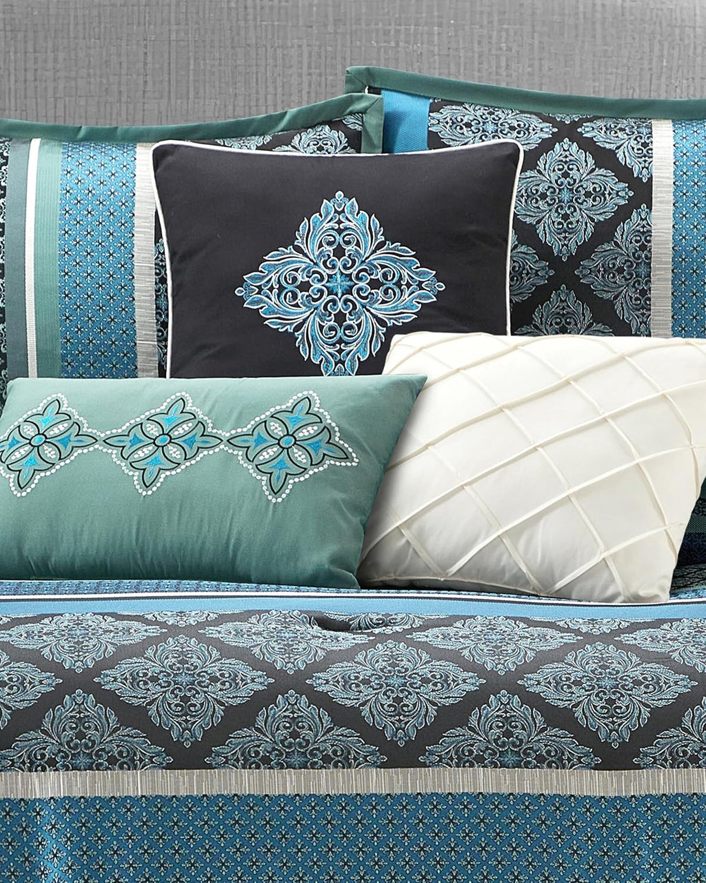 LANCO MODERN LIFESTYLE California King Comforter Set, Blue, Luxury Geometric Jacquard, All Seasons, 7 Pieces Bedding Set, Matching Shams, Bedskirt, Decorative Pillows