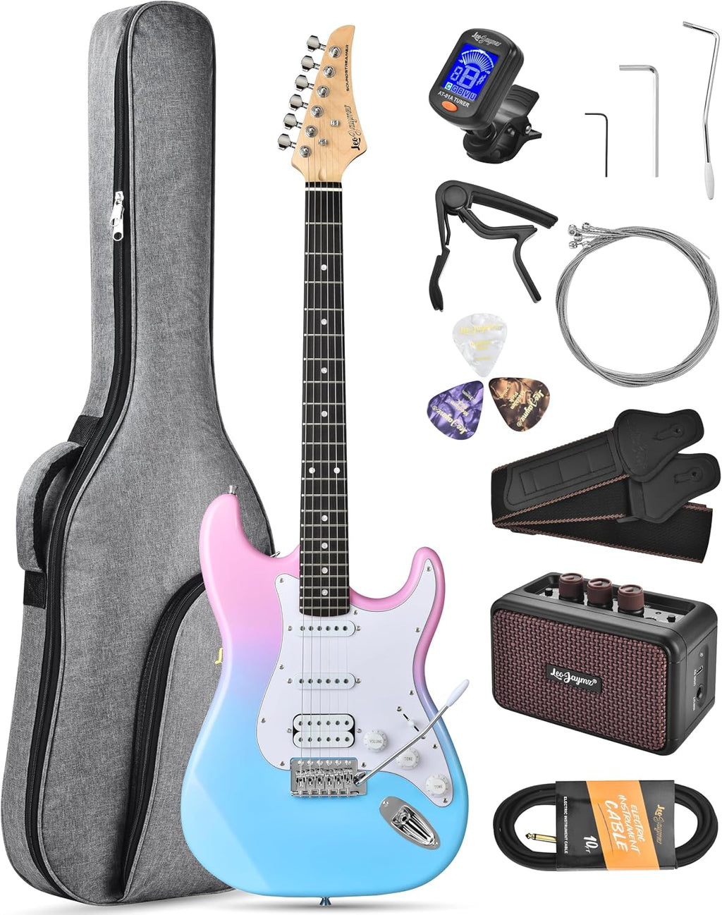 Leo Jaymz Beginner Electric Guitar 39' Kit with Portable Amplifier, Padded Gig Bag, Digital Tuner，Capo，Strap，Picks， HSS Pickups(Pink-Blue Fade-HSS)