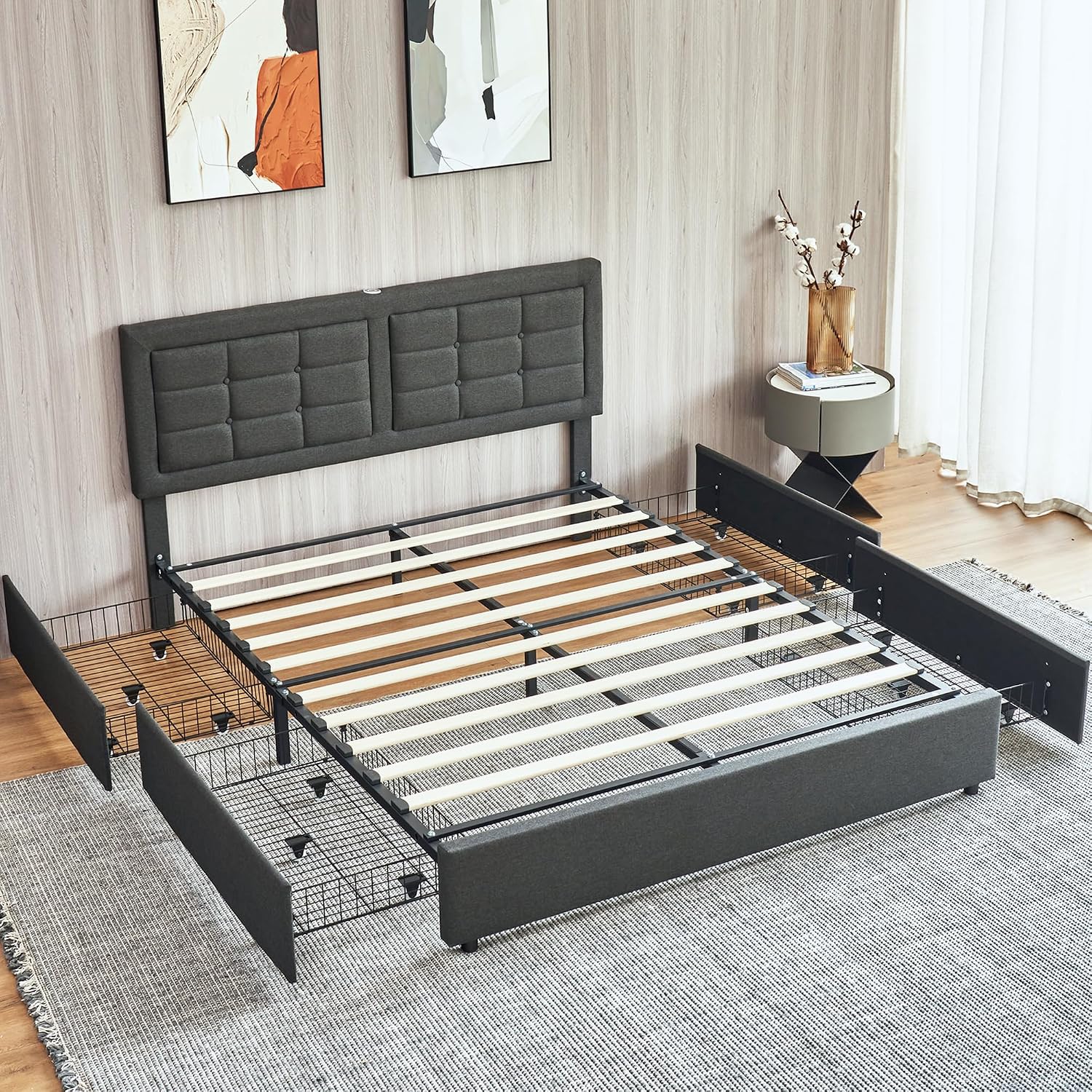 VECELO Full Size Bed Frame with 4 Drawers, Adjustable Tufted Button Headboard, Upholstered Platform with Wood Slats Support, Built-in USB and Type C Ports, Dark Gray