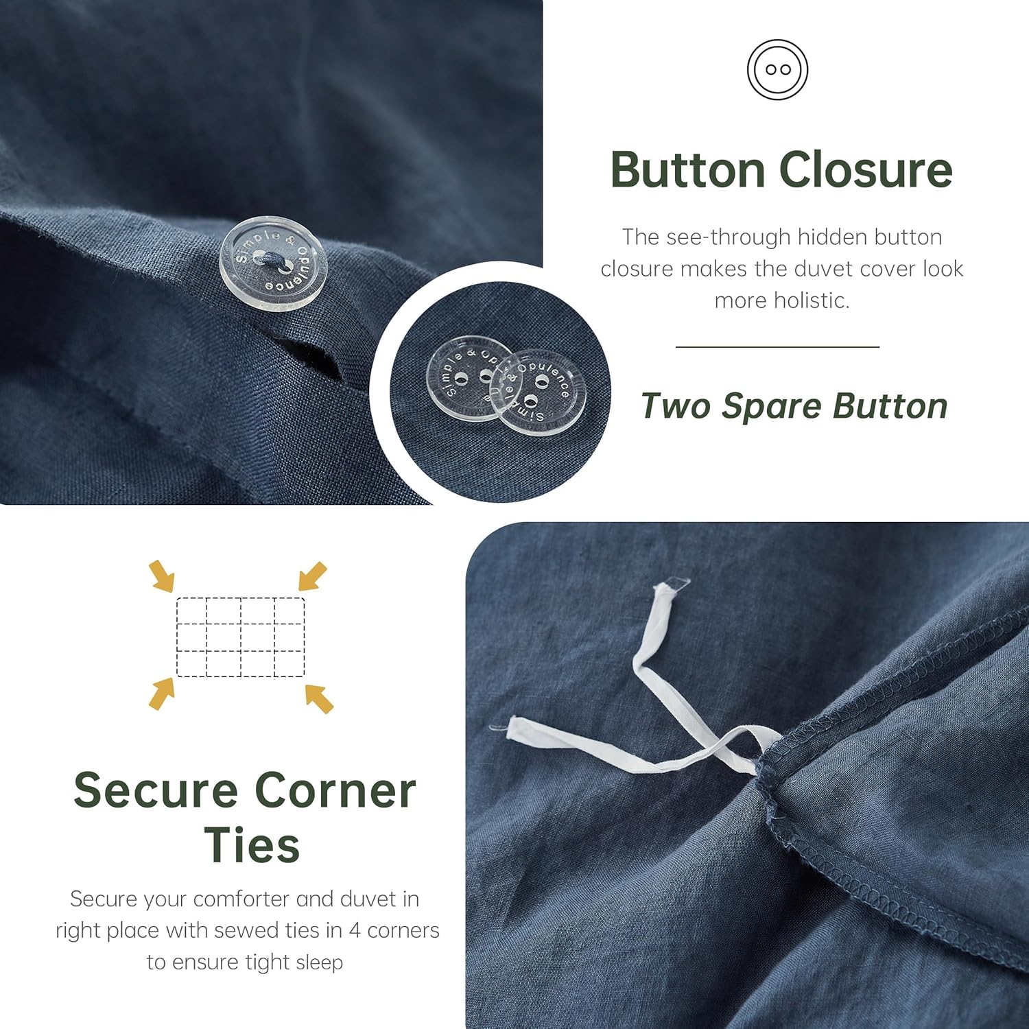 Simple&Opulence 100% Linen Duvet Cover Set, 3 PCS Classic Blue Duvet Cover King Size, Breathable Soft Comfy Linen Bedding Comforter Cover with 2 Pillowcases(Classic Blue, 104'x92')