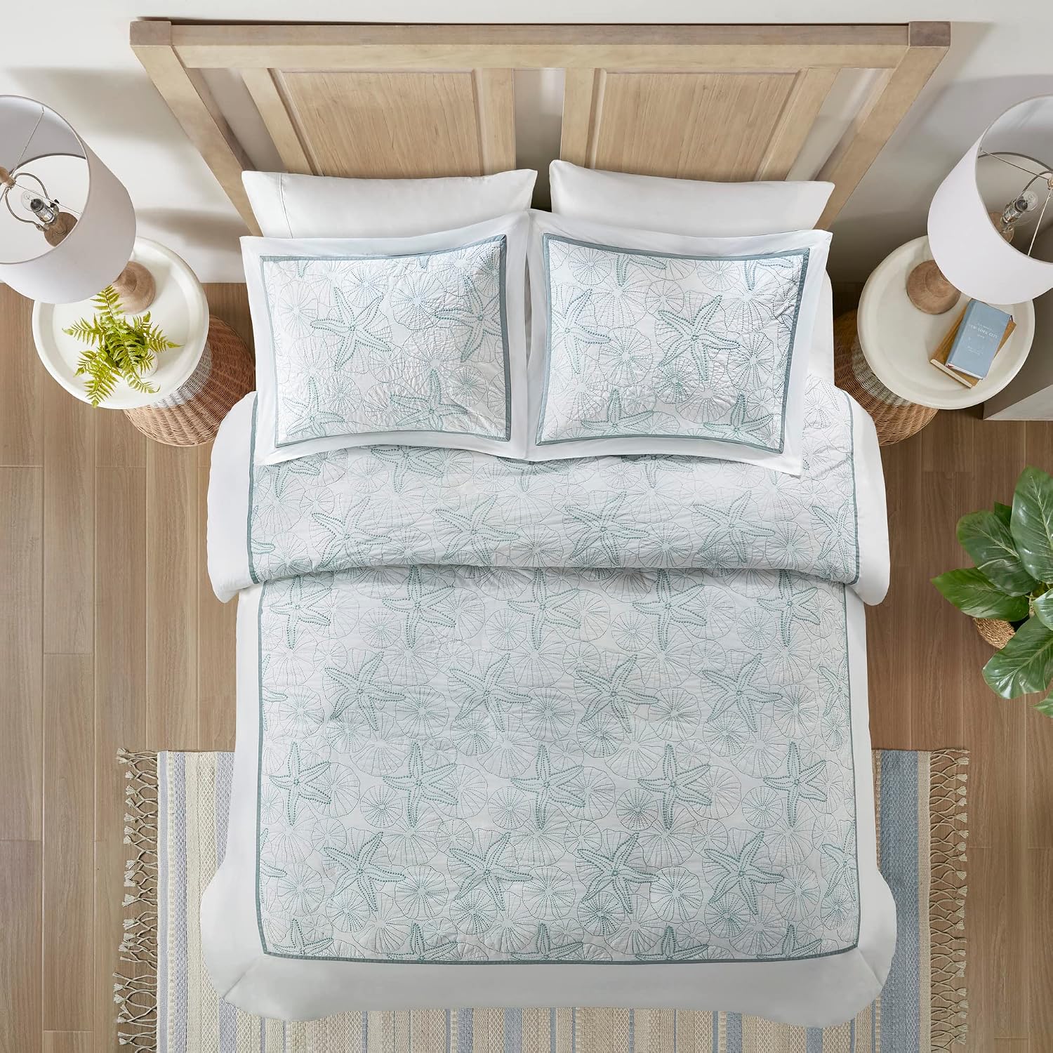 Harbor House 100% Cotton Duvet Cover, Embroidered Coastal Seashells, Starfish Duvet Cover Set – Light Weight Bed Comforter Covers, Maya Bay White Blue Full/Queen (90'x90') 3 Piece