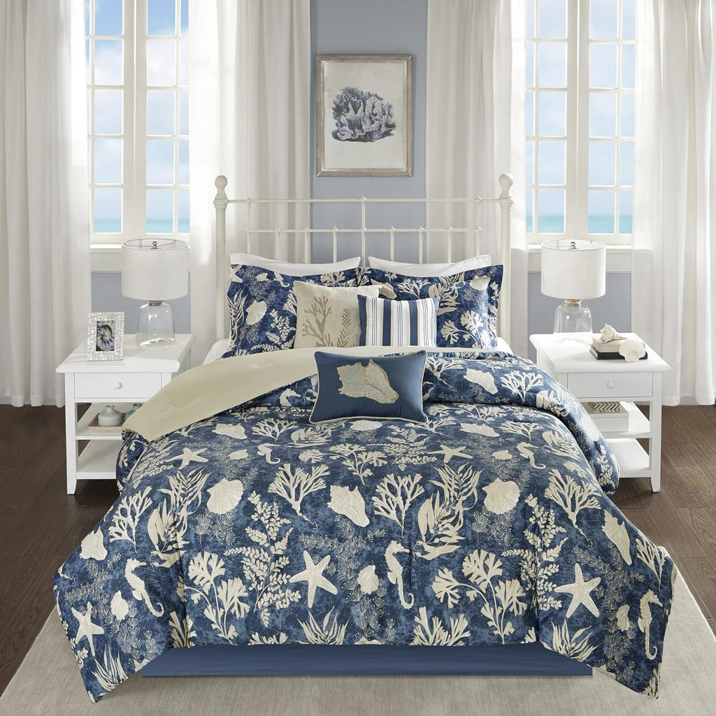 Madison Park 100% Cotton Comforter Set-Coastal Coral, Starfish Design All Season Down Alternative Cozy Bedding with Matching Shams, Decorative Pillow, King (104 in x 92 in), Cape Cod Navy 7pcs