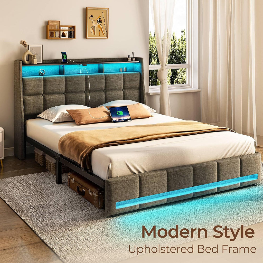 Rolanstar Full Size Bed Frame with LED Lights and Charging Station, Upholstered Headboard with 2-Tier Storage Shelves, Heavy Duty Metal Frame, Noise-Free Support, Easy Assembly, No Box Spring Needed