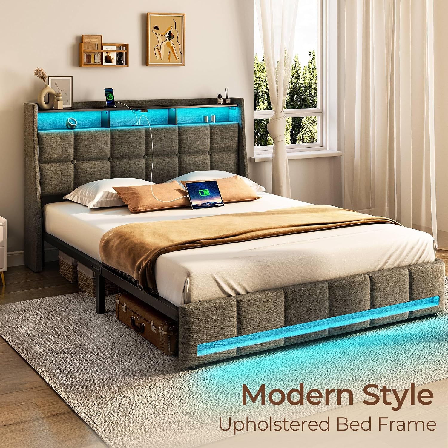 Rolanstar Queen Size Bed Frame with LED Lights and Charging Station, Upholstered Headboard with 2-Tier Storage Shelves, Heavy Duty Metal Frame, Noise-Free Support, Easy Assembly, No Box Spring Needed