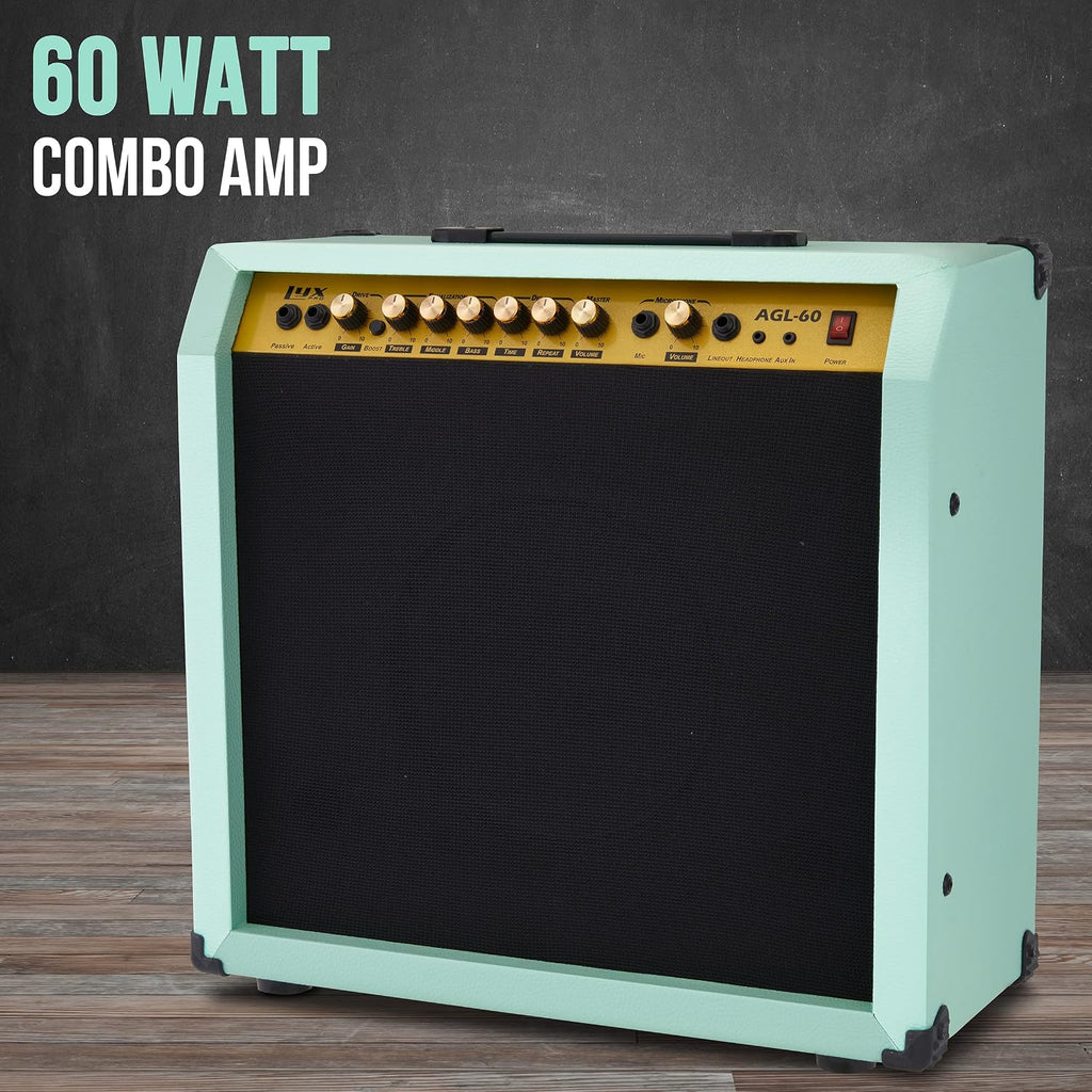 LyxPro 60 Watt Electric Guitar Amplifier | Combo Solid State Studio & Stage Amp with 10' 4-Ohm Speaker, Custom EQ Controls, Drive, Delay, ¼' Passive/Active/Mic Inputs, Aux In & Headphone Jack - Green