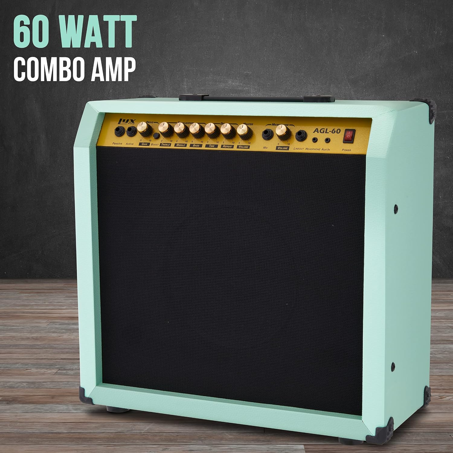 LyxPro 60 Watt Electric Guitar Amplifier | Combo Solid State Studio & Stage Amp with 10' 4-Ohm Speaker, Custom EQ Controls, Drive, Delay, ¼' Passive/Active/Mic Inputs, Aux In & Headphone Jack - Green