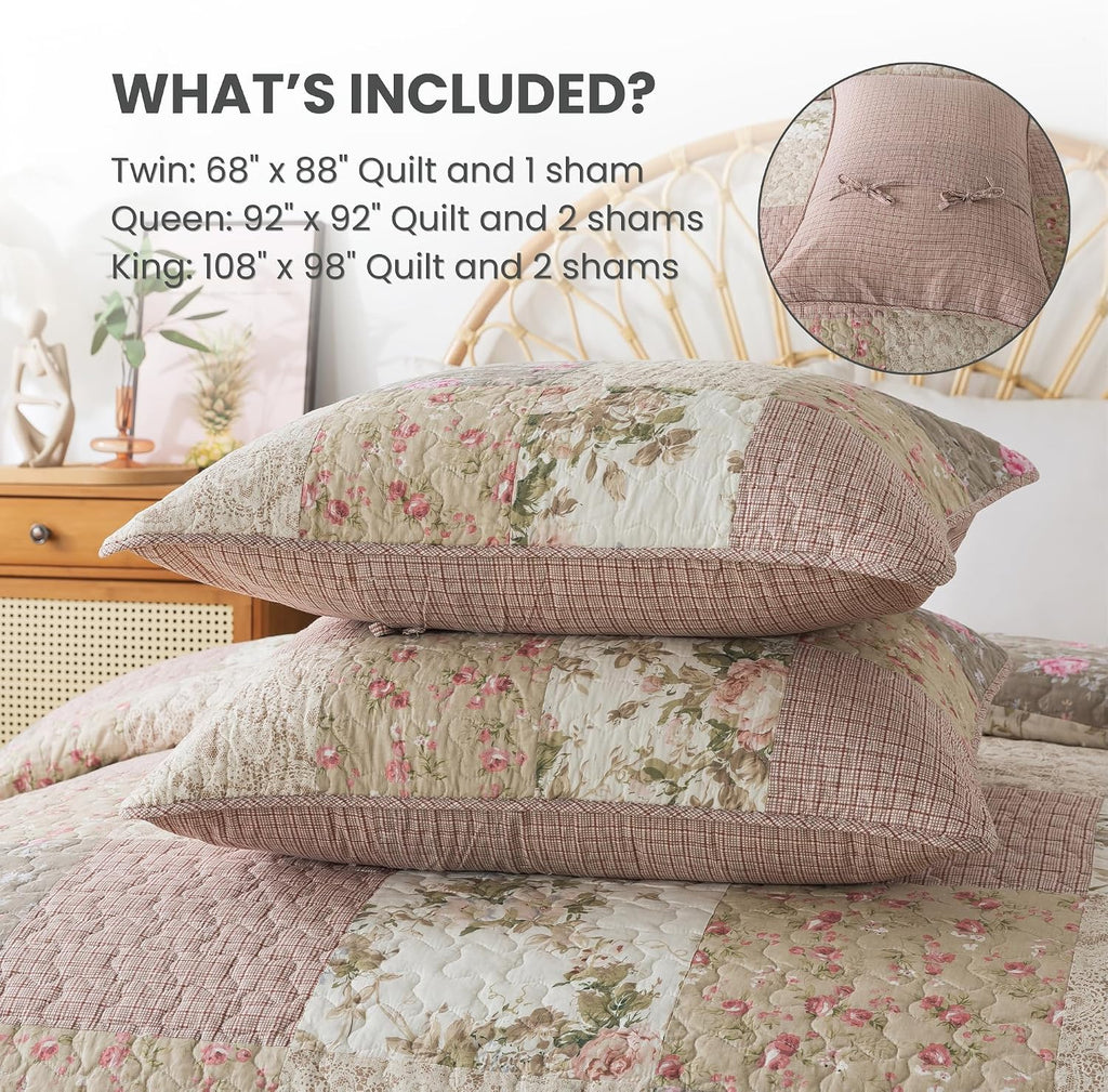 SLPR Secret Garden Patchwork Cotton Pieced Quilt Set - King with 2 Shams, Country Shabby Chic Bedding with Flower Pattern, Pink Floral Farmhouse Quilted Bedspread for All Seasons