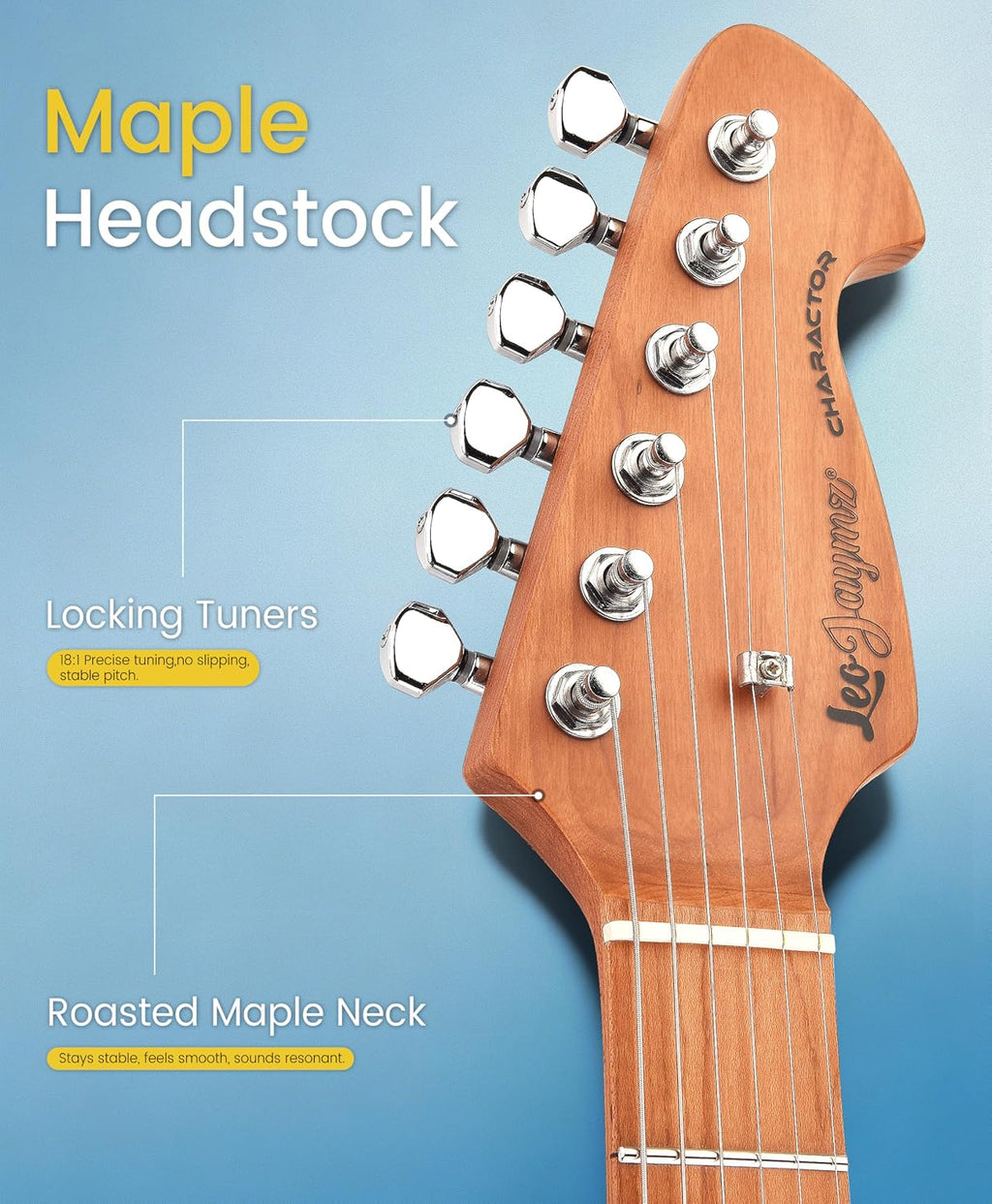 Leo Jaymz Character Series Electric Guitar with Roasted Maple Neck, SSH Active Pickups, Built-in Multi-Effects & Vintage Tremolo(Matte Silver)