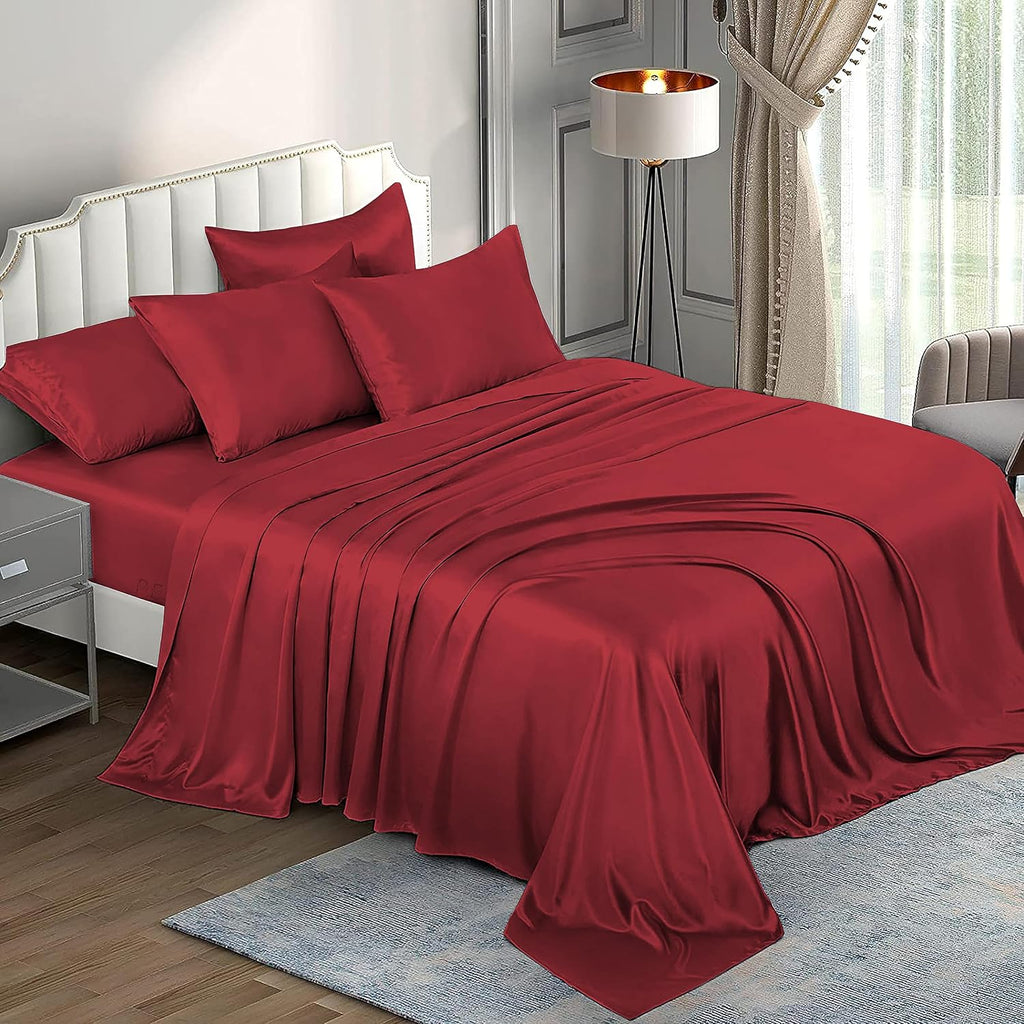 6 Piece Mulberry Silk Sheet Set Queen Size (60x80)+ Upto 16 Inch Deep Pocket Burgundy Color Smooth Soft and Silk Bed Sheets Queen Size Bedding Set