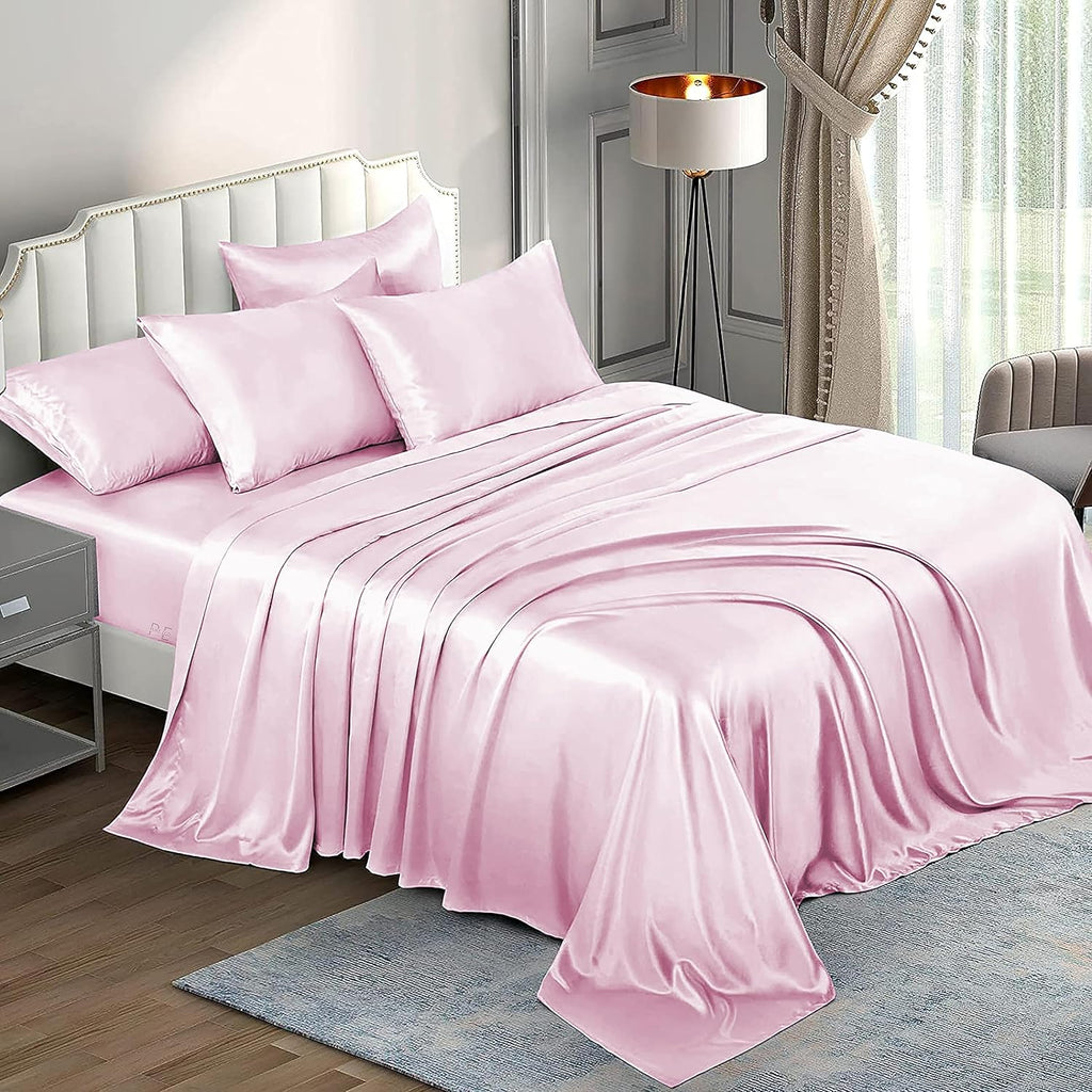 6 Piece Mulberry Silk Sheet Set Queen Size (60x80)+ Upto 16 Inch Deep Pocket Baby Pink Color Smooth Soft and Silk Bed Sheets Queen Size Bedding Set