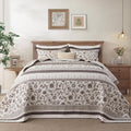 Farmhouse Oversized Bedspread Queen Size 102'x120' - 100% Cotton Lightweight Extra Large Quilt with 2 Pillowshams, Reversible Botanical Striped Pattern Bedding Coverlet, 3 Pcs, Brown/Coffee