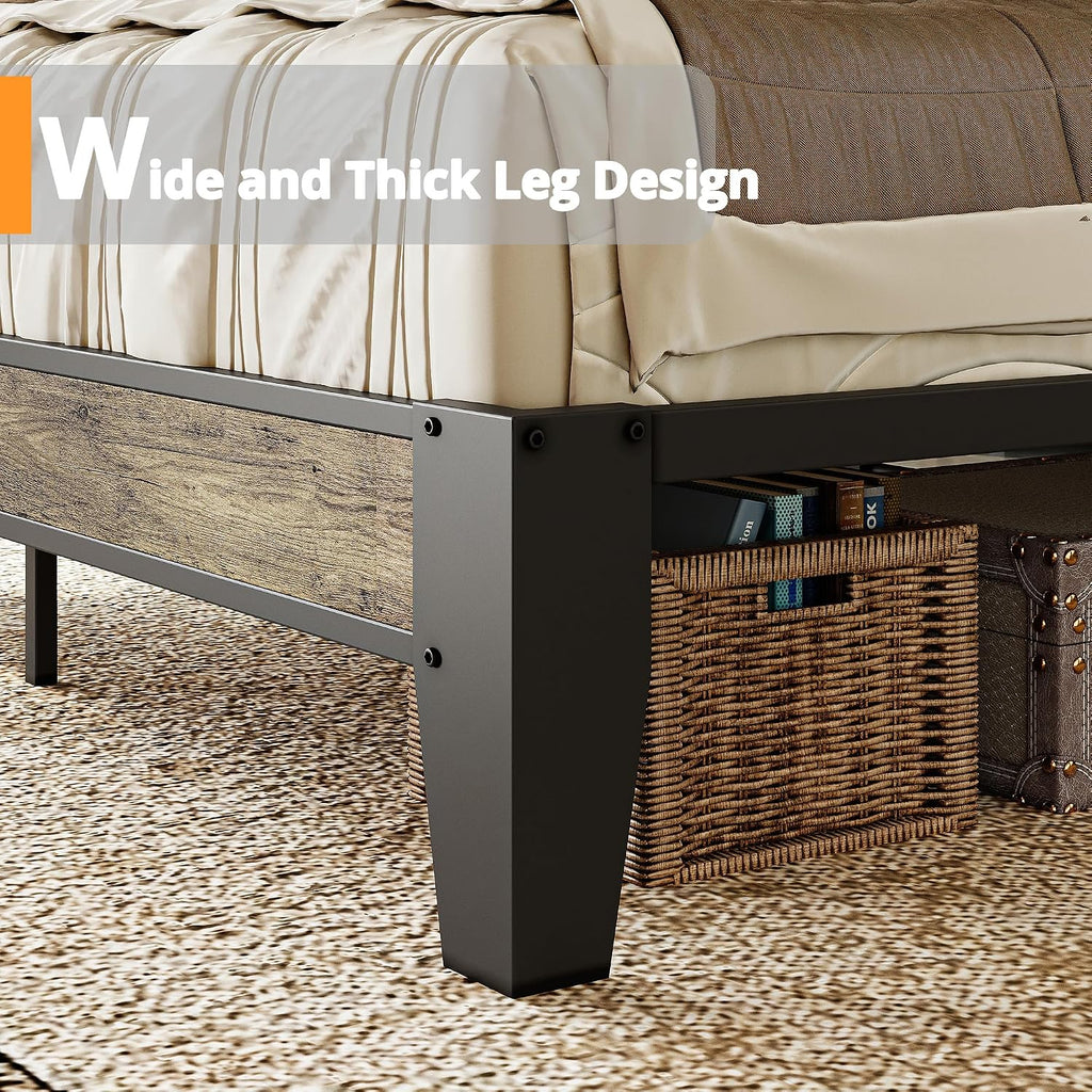 LIKIMIO King Bed Frame, Storage Headboard with Charging Station, Solid and Stable, Noise Free, No Box Spring Needed, Easy Assembly (Walnut and Beige)