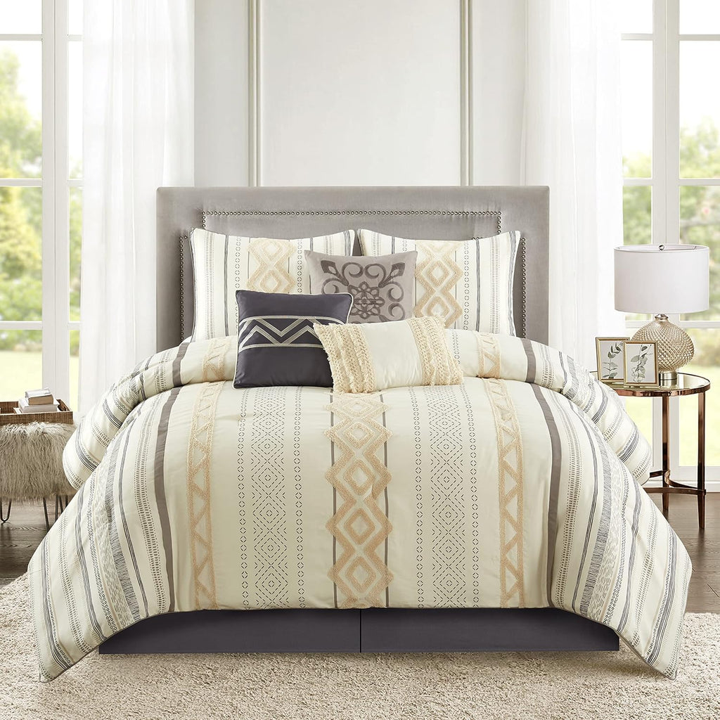 Stratford Park Beige/Ivory Boho Geometric California King Comforter Set, 7 Piece, Print & Terry Embroidery Home Decor, Premium Lightweight Microfiber