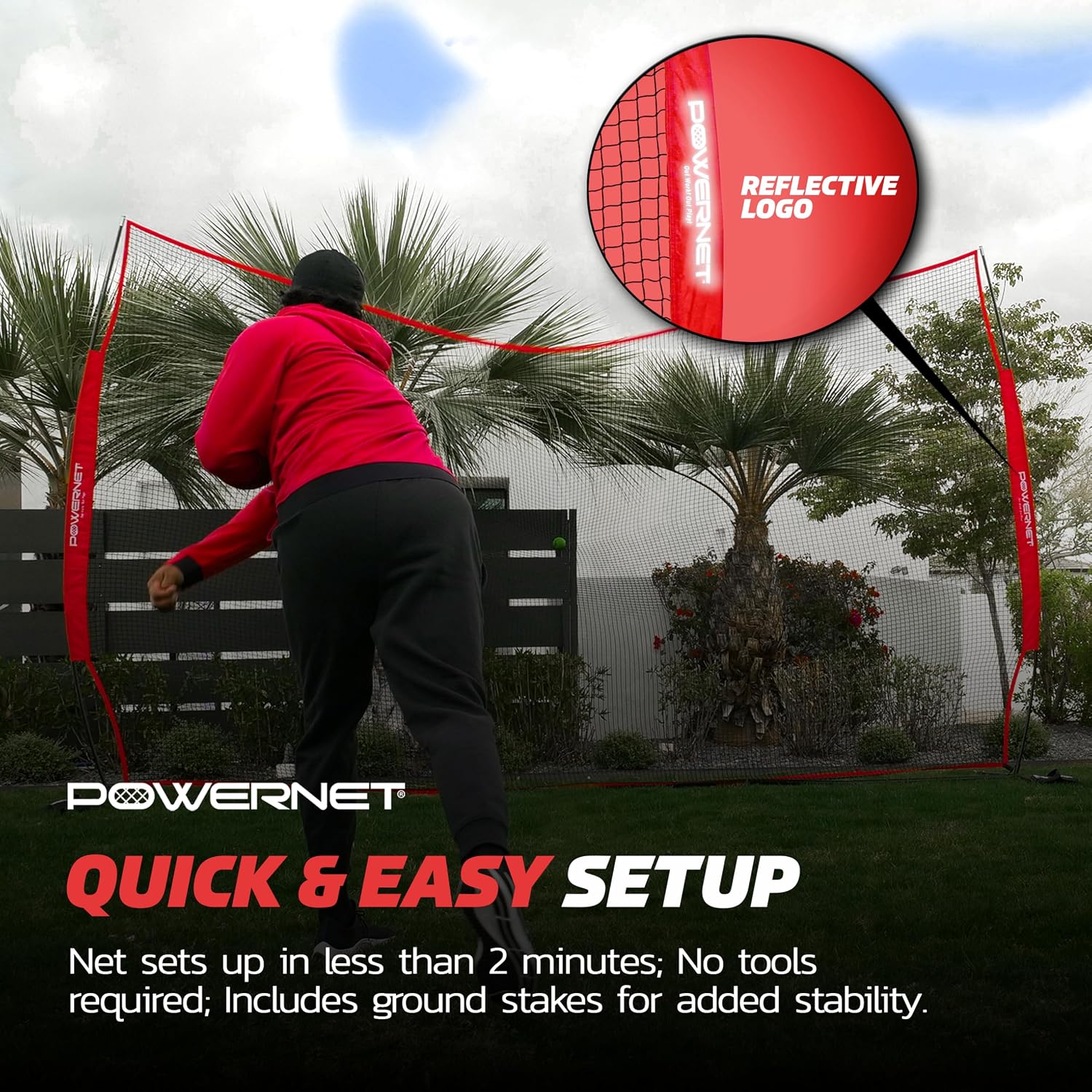 PowerNet Portable Sports Rebounder -Basketball, Volleyball, Soccer, Baseball, Softball and Lacrosse, Backyard & Garage Backstop, Indoor Outdoor Safety Net for Protection
