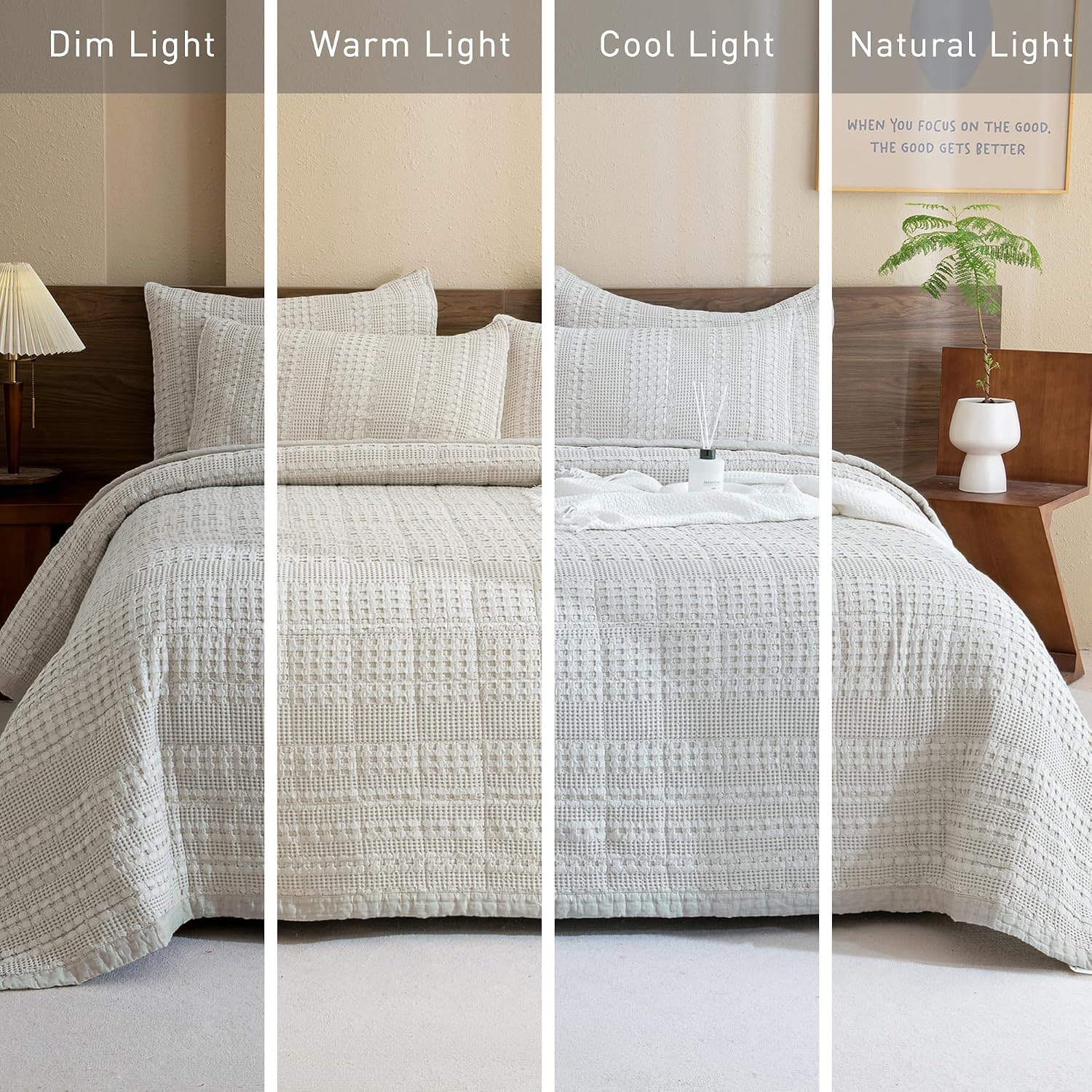 CozyTide 128'x120' Oversized Waffle Quilt Set,100% Cotton Khaki Bedding Bedspread Coverlet Set,3 Pieces Soft Lightweight Extra Large Farmhouse King Bedding Quilt for All Season