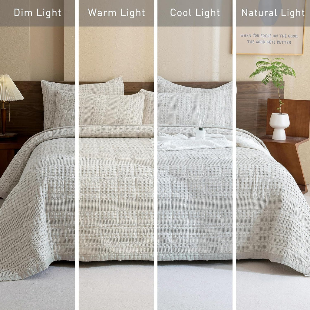 CozyTide Oversized Queen Bedspread 104'x106',100% Cotton Khaki Waffle Weave Quilt Set Lightweight Farmhouse Shabby Bedding Coverlet Set for All Season