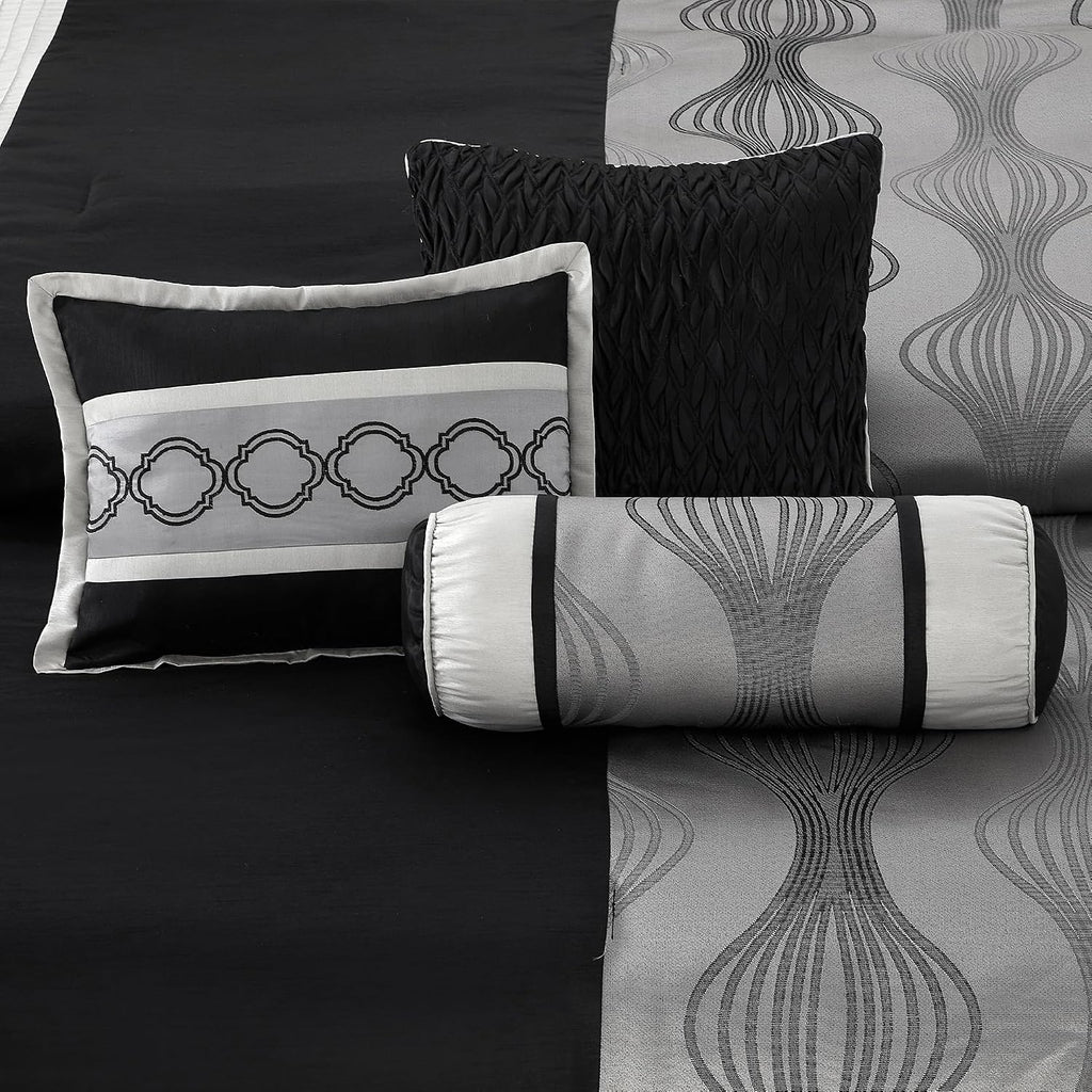 LANCO MODERN LIFESTYLE California King Comforter Set, Black Silver, 7 Pieces in a Bag, Jacquard with Solid Piecework, Luxury Bed Set with Comforters, Bed Skirt, Pillow Shams and Decorative Pillows