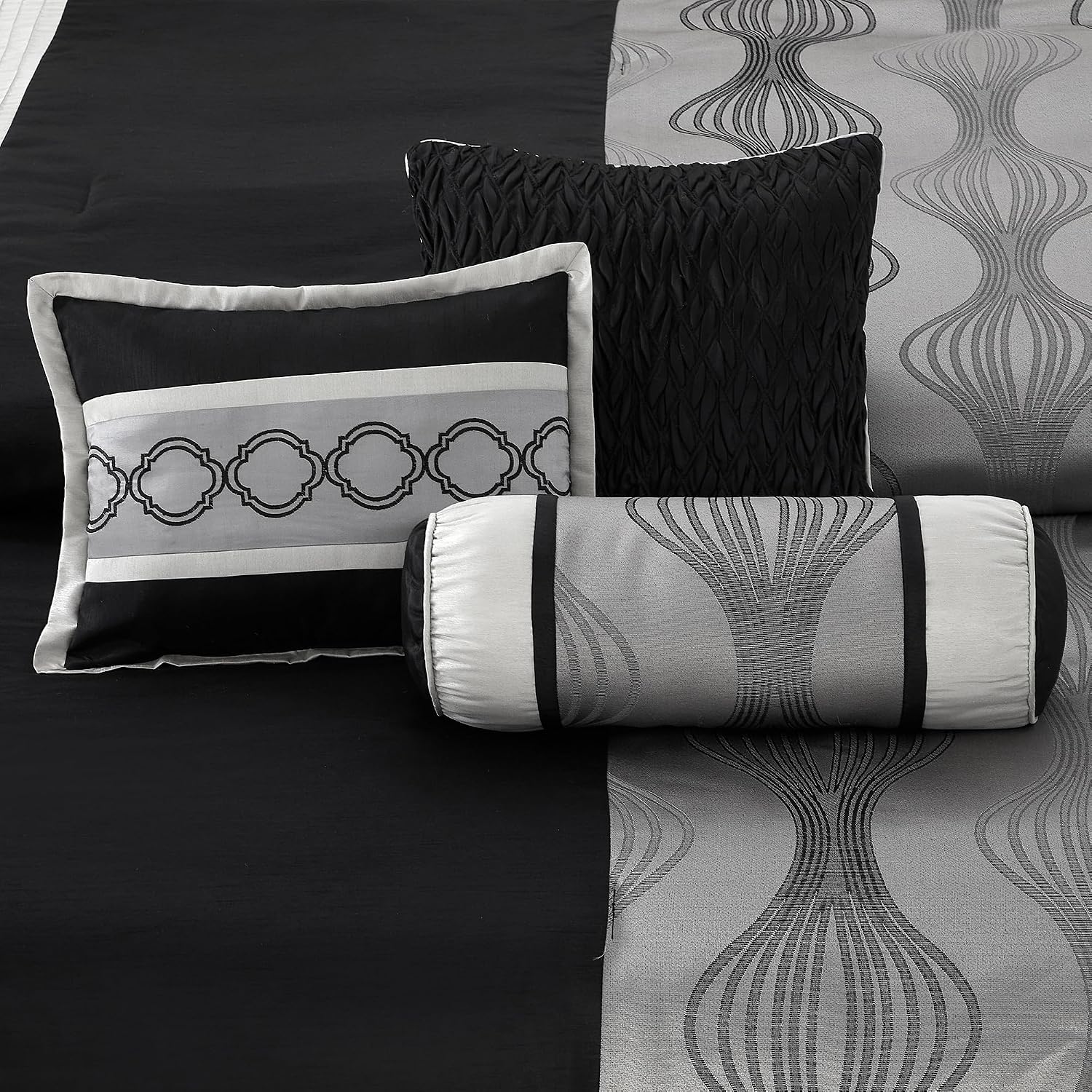 LANCO MODERN LIFESTYLE California King Comforter Set, Black Silver, 7 Pieces in a Bag, Jacquard with Solid Piecework, Luxury Bed Set with Comforters, Bed Skirt, Pillow Shams and Decorative Pillows
