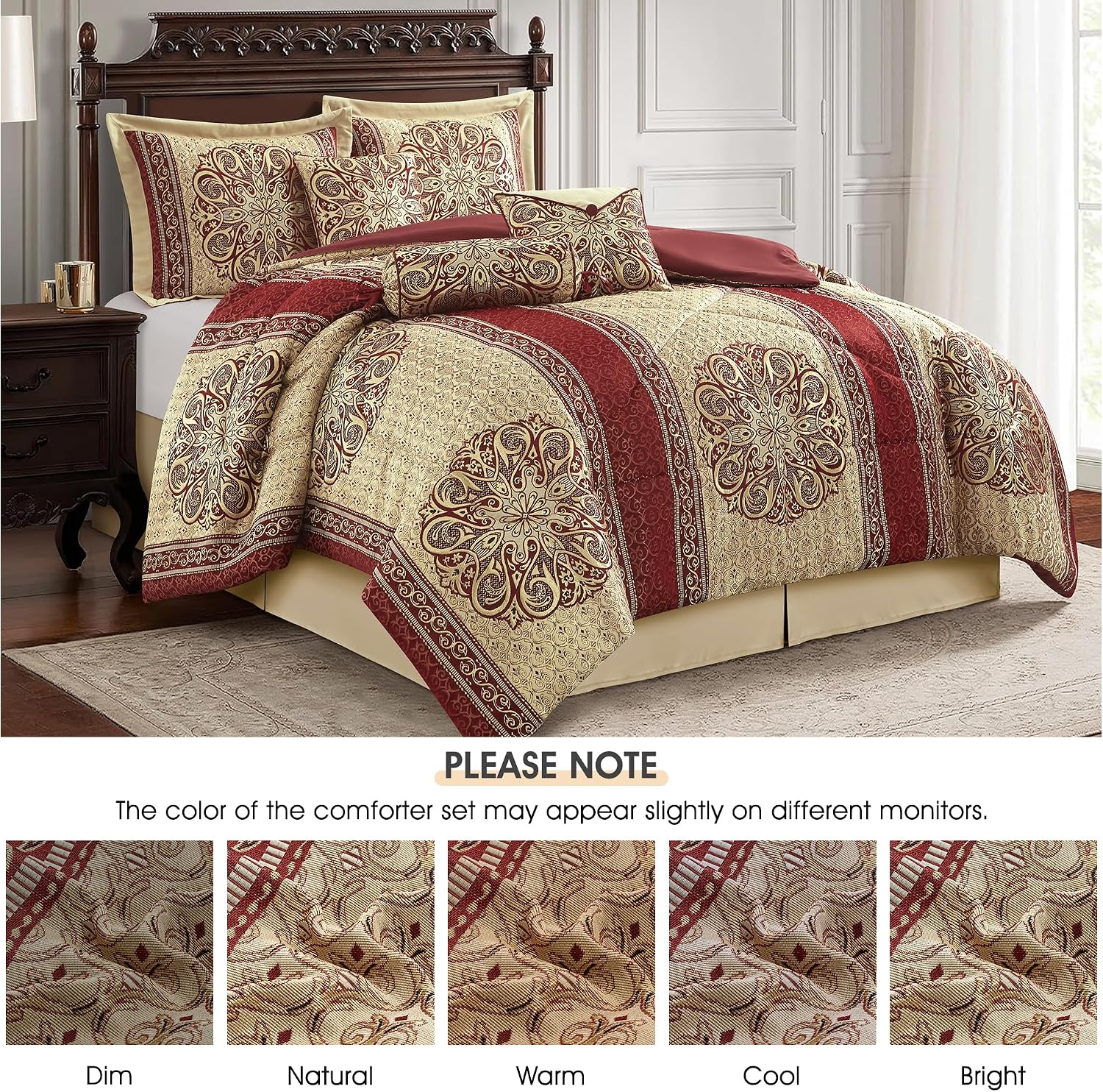 LANCO MODERN LIFESTYLE Queen Comforter Set, Wine Gold Medallion Jacquard Design, Luxurious Bohemian 7 Pieces Bedding Set with Decorative Pillows and Bed Skirt