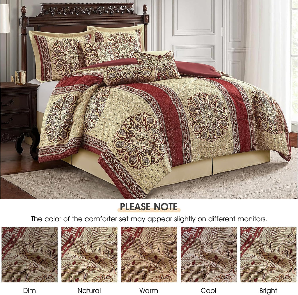 LANCO MODERN LIFESTYLE California King Comforter Set, Wine Gold Medallion Jacquard Design, Luxurious Bohemian 7 Pieces Bedding Set with Decorative Pillows and Bed Skirt