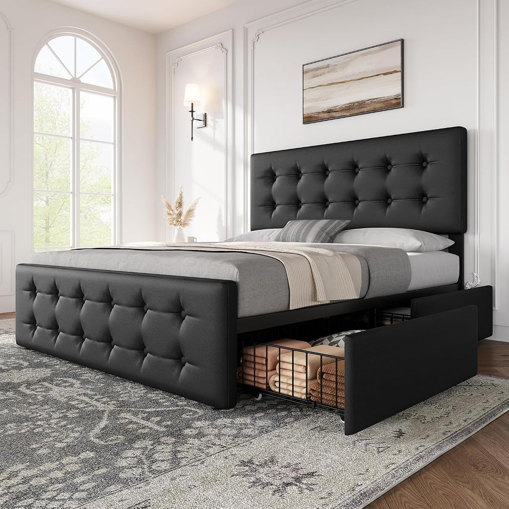 GAOMON Full Size Bed Frame with 4 Drawers and Adjustable Headboard, PU Leather Upholstered Platform Bed with Button Tufted Design, No Box Spring Needed, Strong Wooden Slats, Black