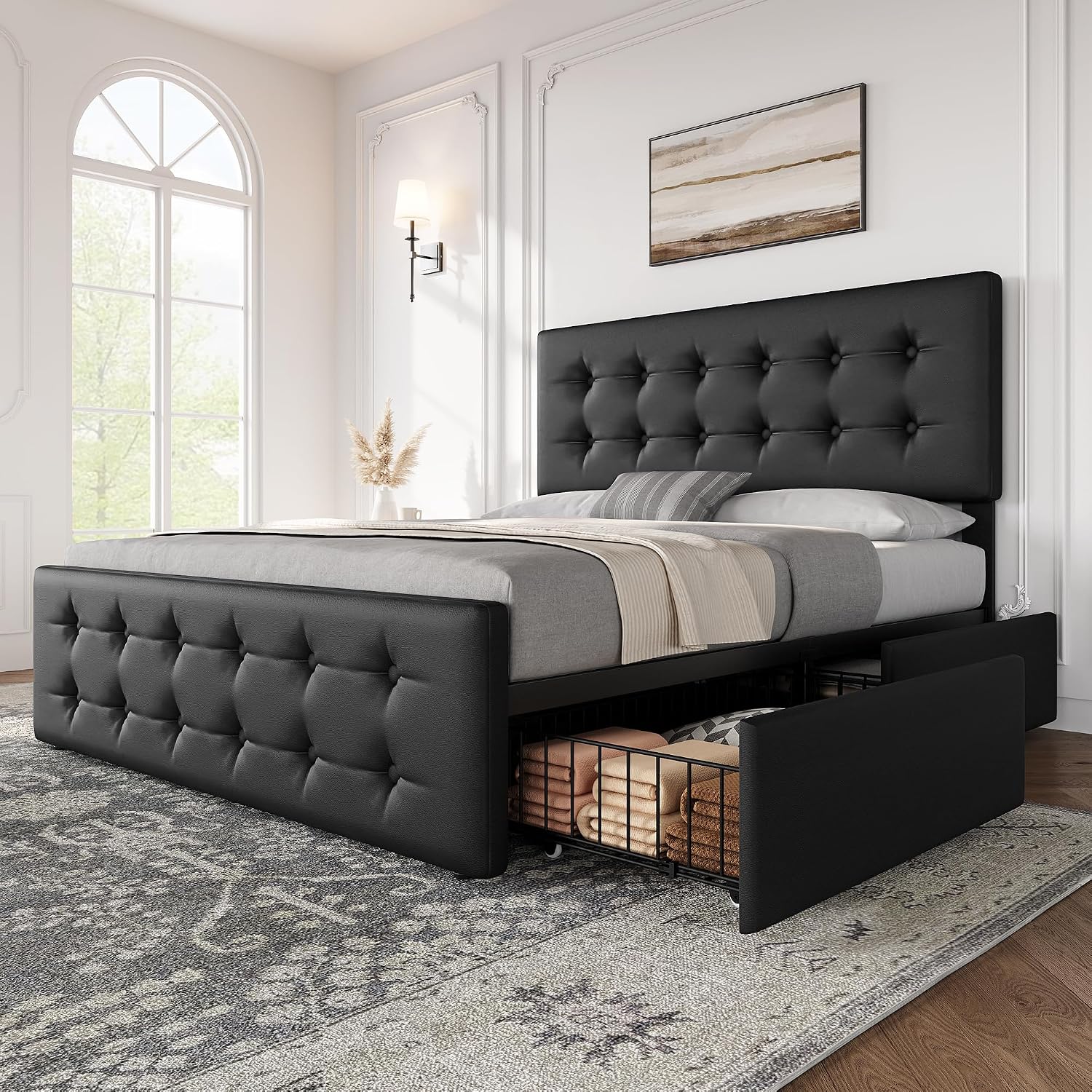 GAOMON Queen Size Bed Frame with 4 Drawers and Adjustable Headboard, PU Leather Upholstered Platform Bed with Button Tufted Design, No Box Spring Needed, Strong Wooden Slats, Black