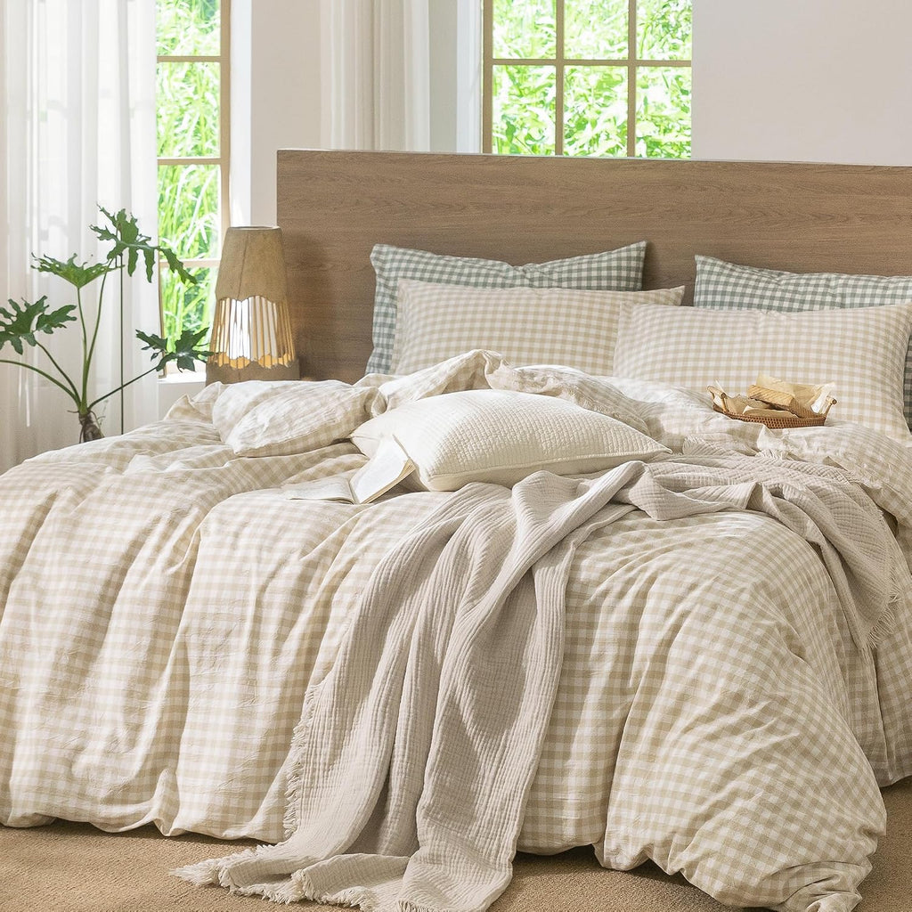 MooMee Gingham Duvet Cover Set 100% Washed Cotton Linen Like Textured Breathable Durable Soft Comfy Modern Checkered Design (Almond Milk Grey Gingham, Super King 108'x98')