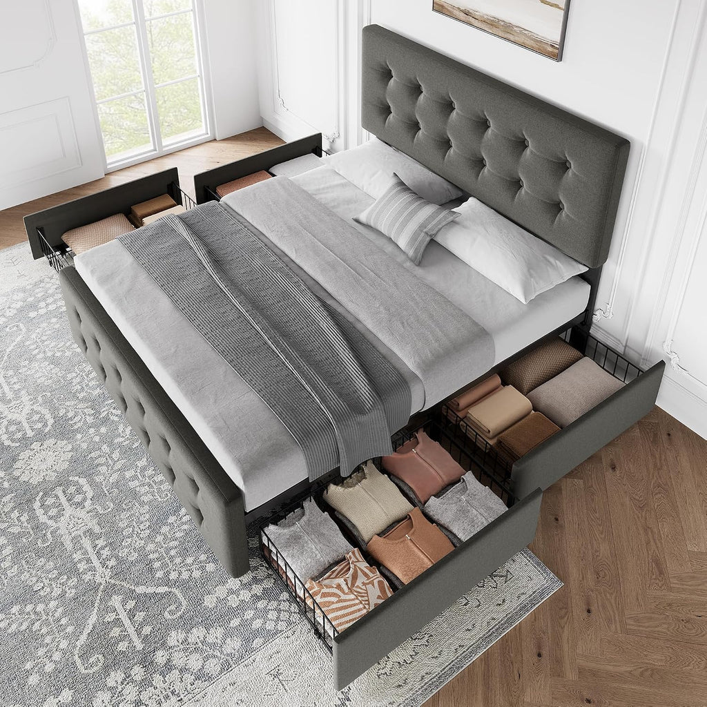 Full Size Platform Bed Frame with 4 Storage Drawers & Headboard, Faux Leather Upholstered, Button Tufted Design, Wooden Slats Support, Noise-Free Mattress Foundation, No Box Spring Needed, Light Grey