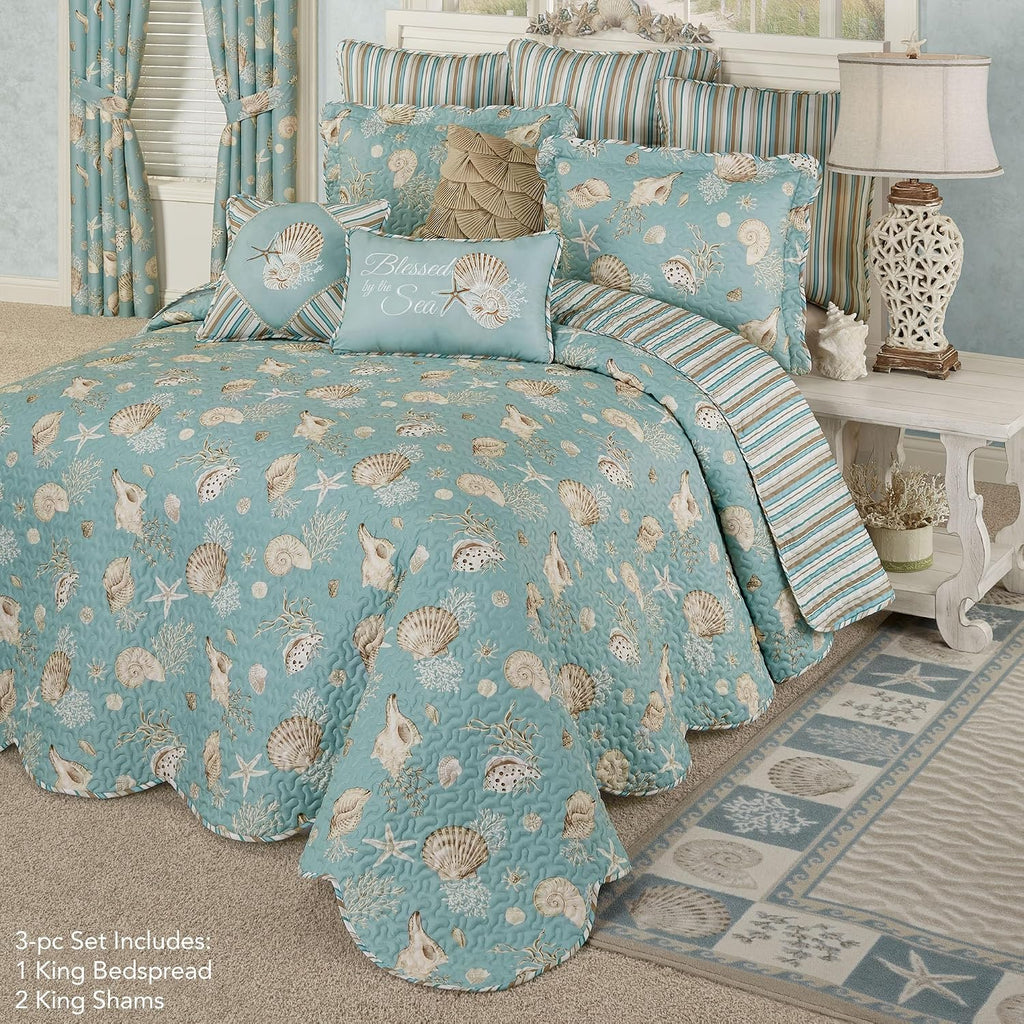Touch of Class Seabreeze Coastal Beach Polyester Microfiber Bedding | All Season Quilted | Shell Starfish Coral Stripe | Aqua Teal Ivory Cream | 3 Pc Set: King Bedspread and 2 King Shams