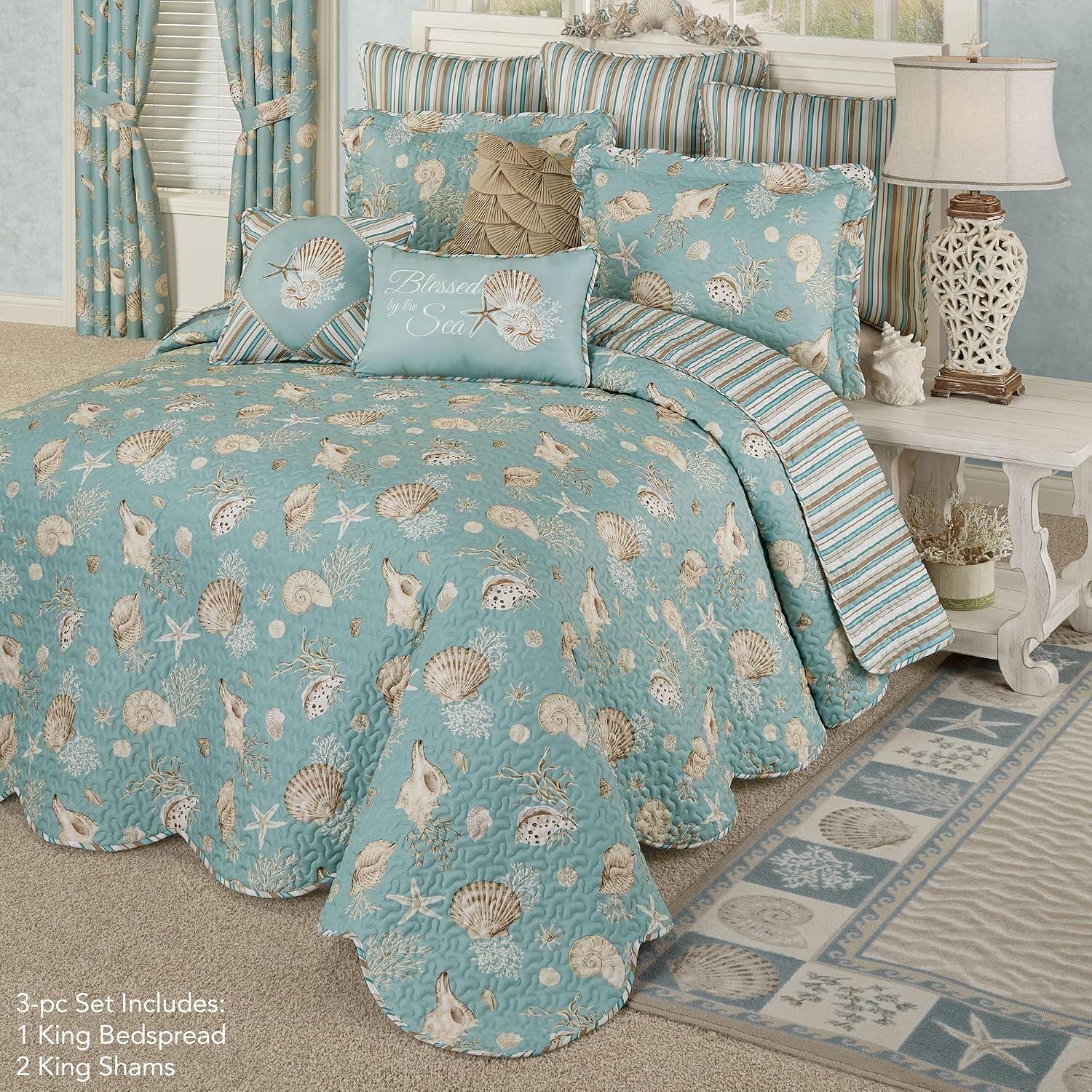 Touch of Class Seabreeze Coastal Beach Polyester Microfiber Bedding | All Season Quilted | Shell Starfish Coral Stripe | Aqua Teal Ivory Cream | 3 Pc Set: King Bedspread and 2 King Shams