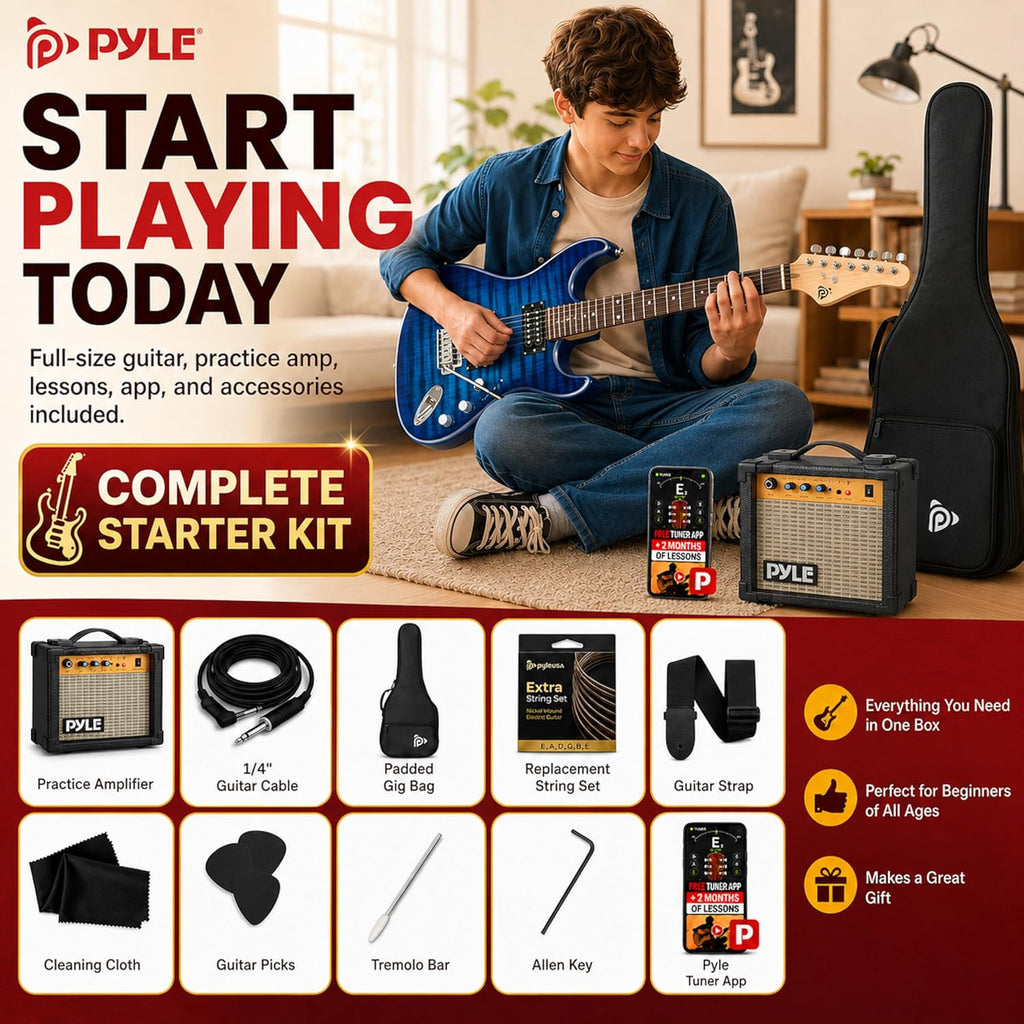 Pyle Electric Guitar Kit with Amp, Full Size Instrument with Humbucker Pickups, Guitarra Electrica Amplifier and Beginner Bundle Accessories, 39' Blue