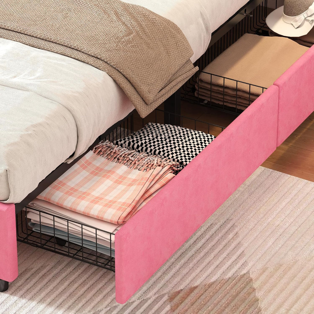 VECELO Queen Bed Frame, Platform Bed Frame with 4 Underbed Storage Drawers & Adjustable Height Upholstered Headboard, Heavy-Duty Frame and Strong Wooden Slats Support, Noise-Free, Easy Assembly, Pink