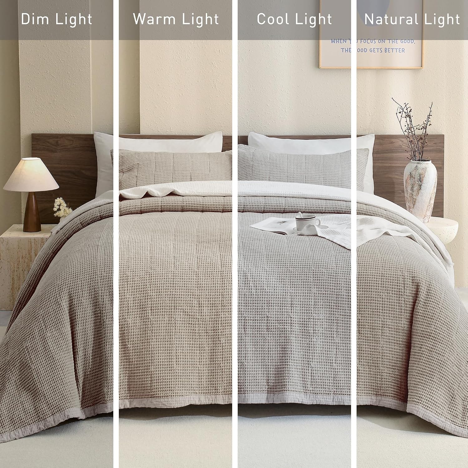 CozyTide 100% Cotton King Size Quilt(110x98 Inch),Dark Khaki Lightweight Waffle Bedspread Vintage Farmhouse Boho King Quilt Bedding Set Ultra Soft