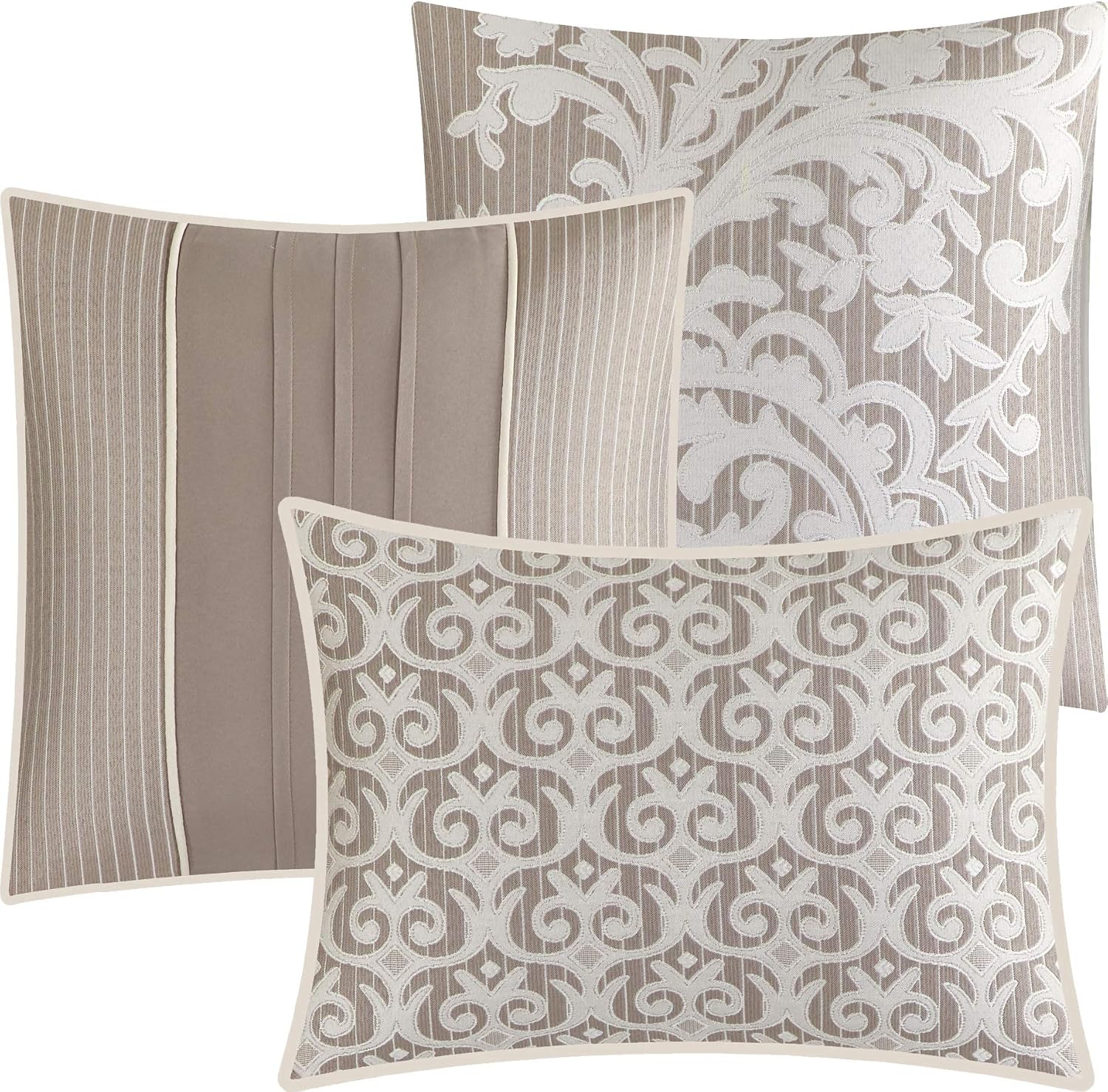 Grand Avenue Taupe Bed Comforter King Set, 7 Piece, Ultra Soft, Premium Microfiber, Pillow Shams Bedskirt, Jacquard Floral Beddings