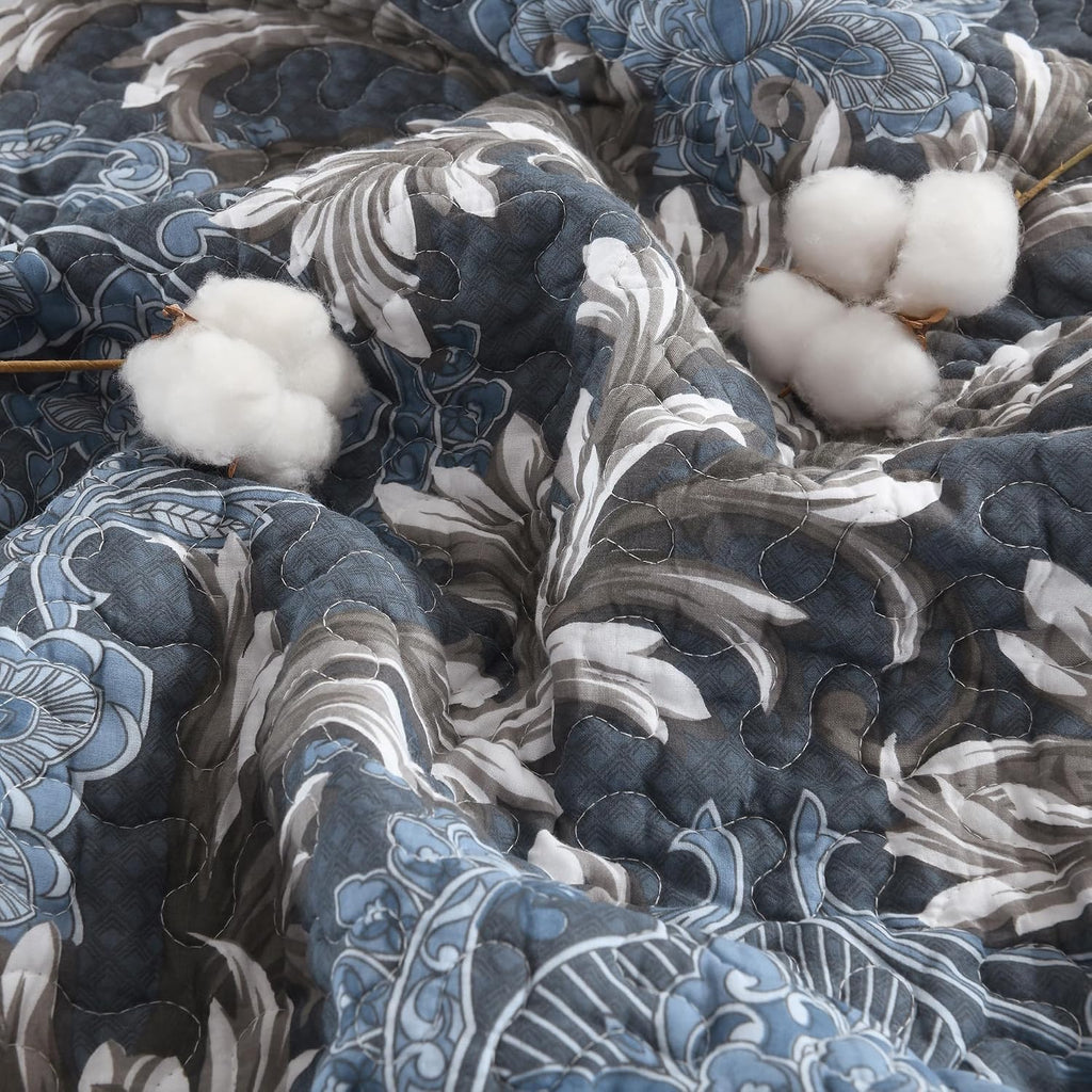 King Size Quilt Set - Blue Gray and White Quilt Set King, 100% Cotton Floral Bedspread Set 3 Piece, Traditional Elegant Lightweight Comforter, Reversible Quilt Bedding Set for All Season