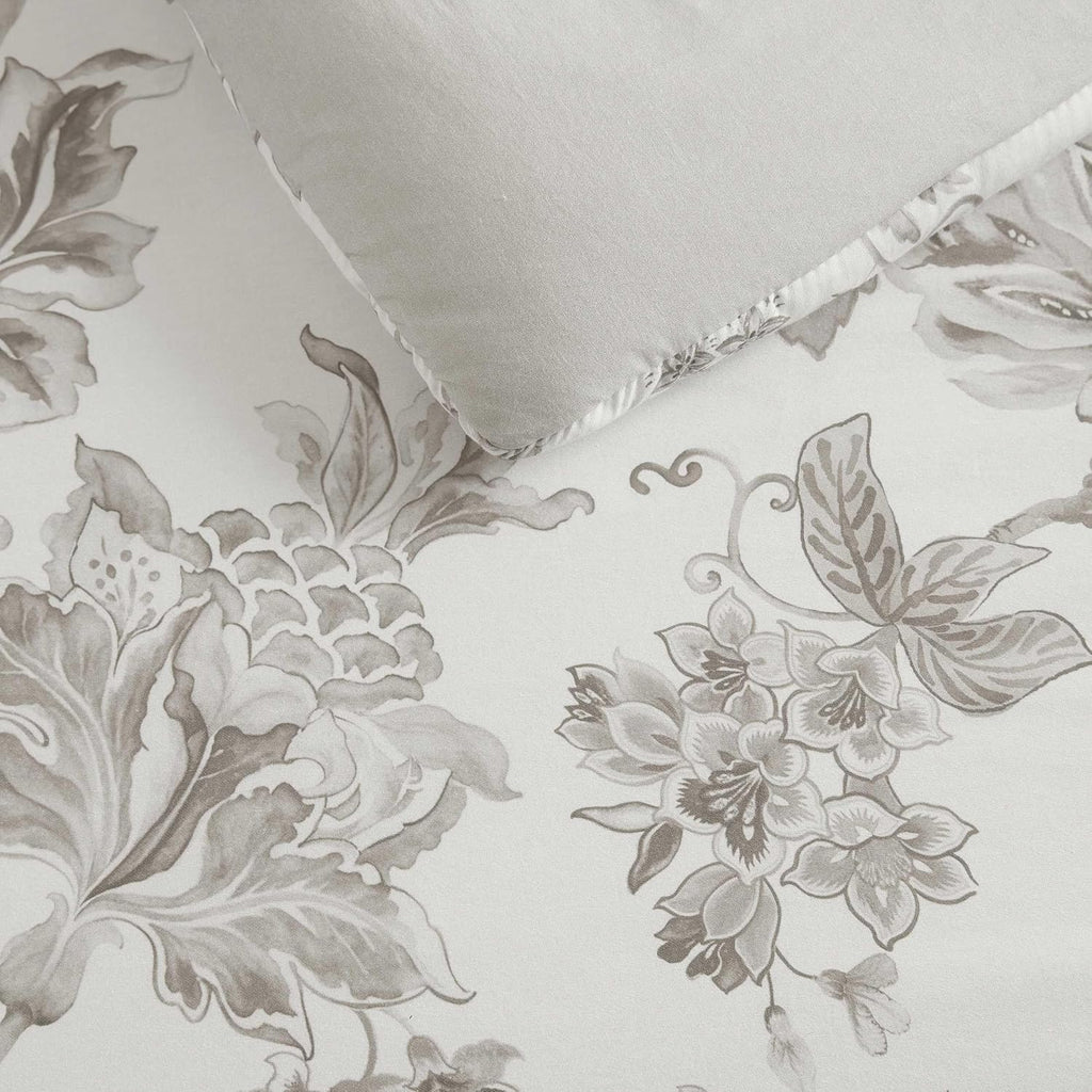 Martha Stewart - Queen Duvet Cover Set, Smooth Sateen Front with Subtle Sheen & Lightweight Cotton Percale Reverse, 3 Piece Bed Set with Matching Pillowcases (Avery Floral Grey)