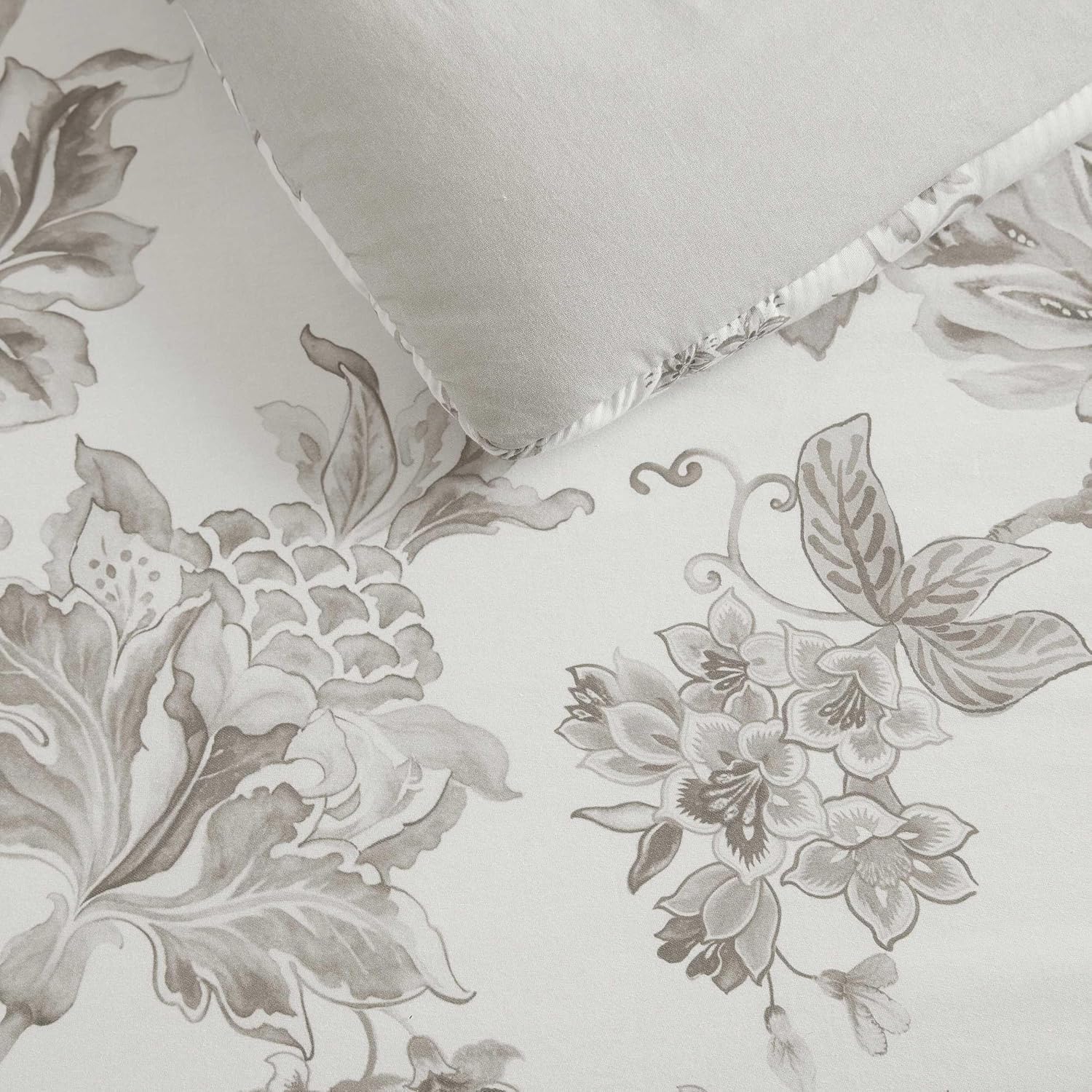 Martha Stewart - Queen Duvet Cover Set, Smooth Sateen Front with Subtle Sheen & Lightweight Cotton Percale Reverse, 3 Piece Bed Set with Matching Pillowcases (Avery Floral Grey)
