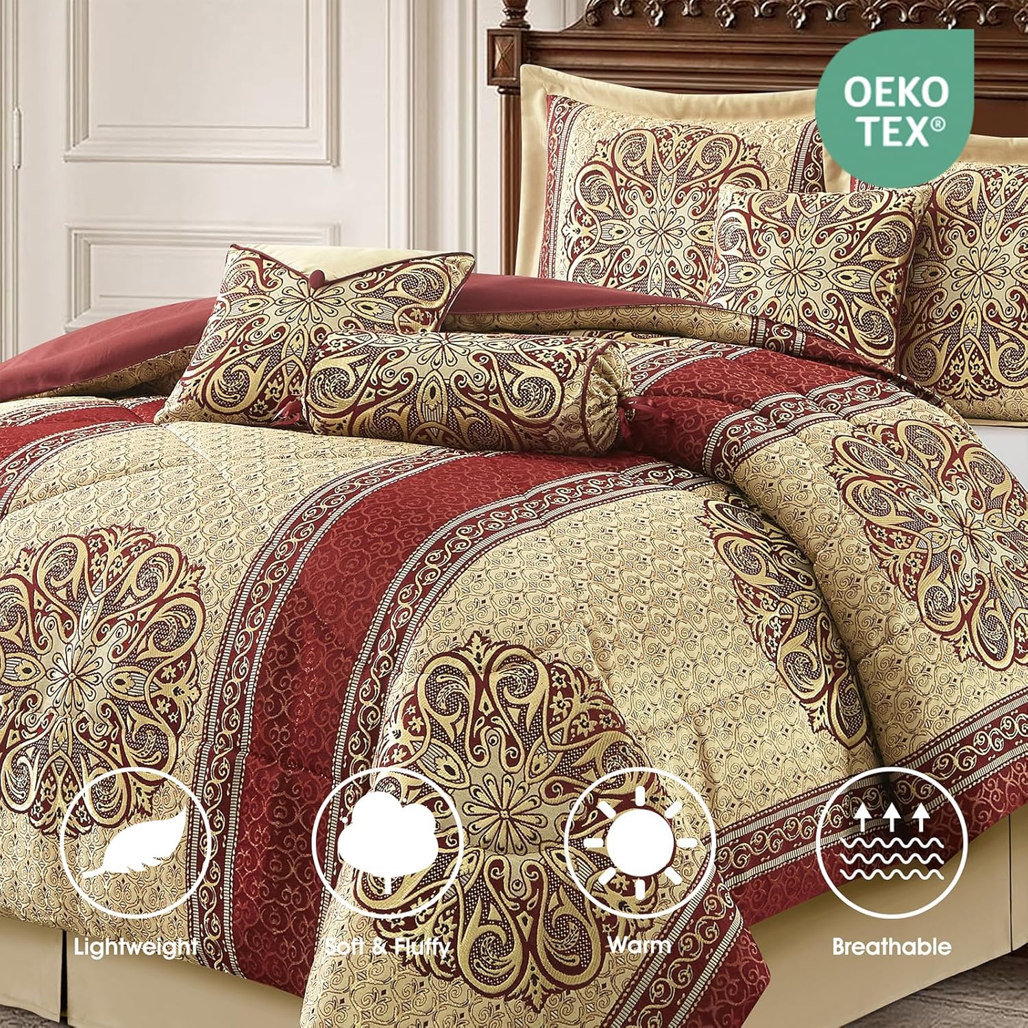 LANCO MODERN LIFESTYLE California King Comforter Set, Wine Gold Medallion Jacquard Design, Luxurious Bohemian 7 Pieces Bedding Set with Decorative Pillows and Bed Skirt