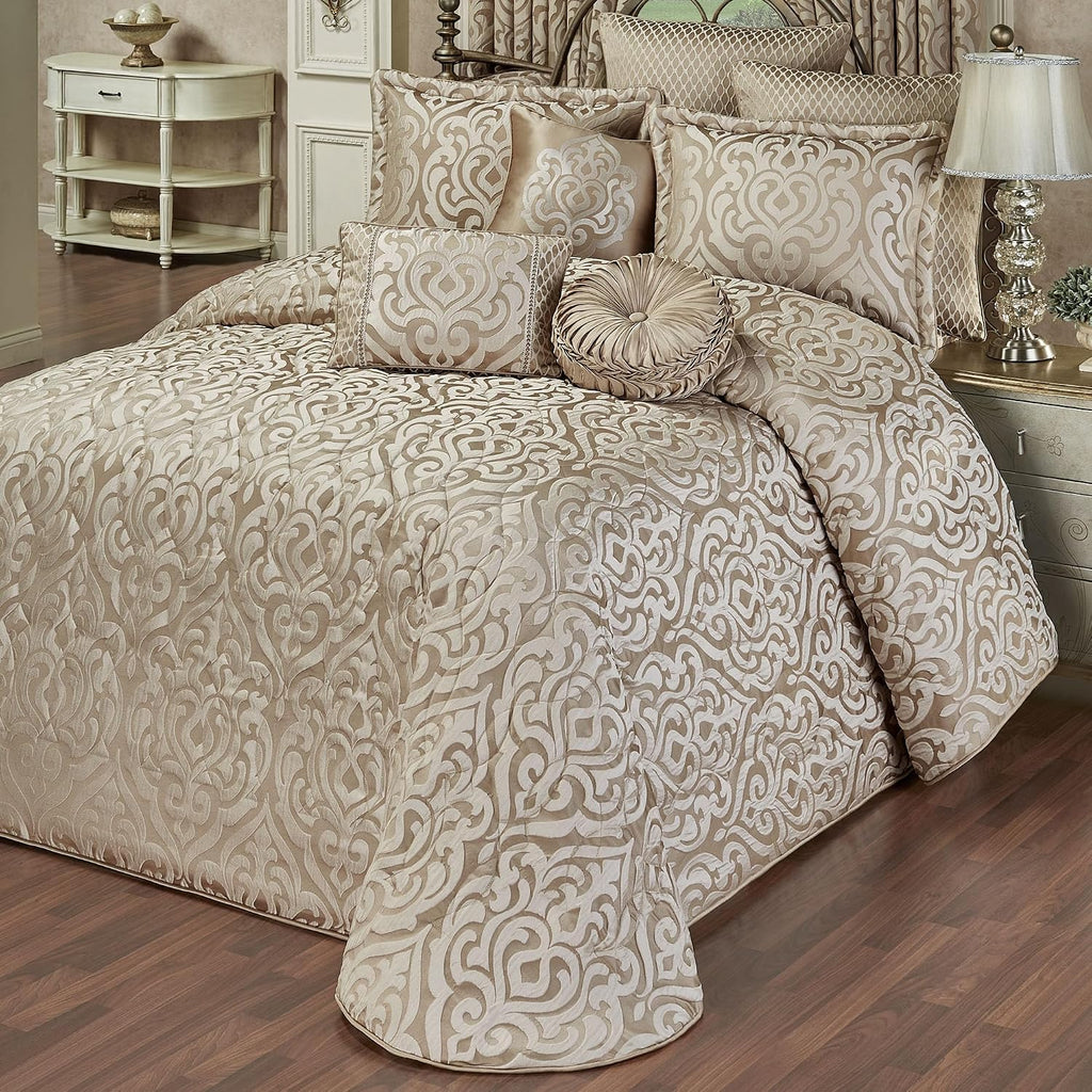 Davenport Luxury Bedding | Neutral Jacquard-Woven Puffed Scrollwork | 10 Pc Set includes Queen Bedspread, 2 Standard Shams, 2 European Shams, 2 Euro Pillow Inserts, and 3 Decorative Reversible Pillows