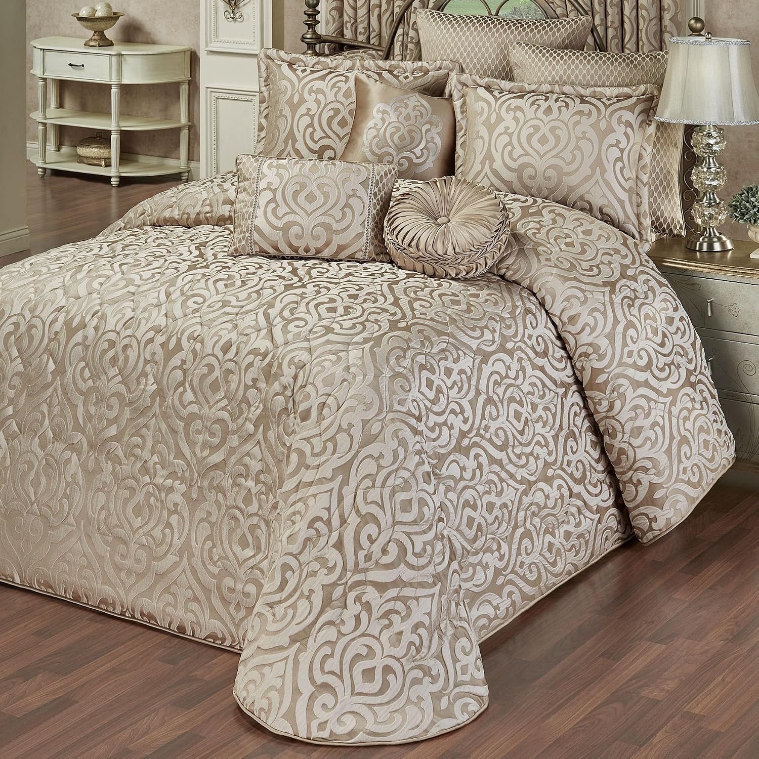 Davenport Luxury Bedding | Neutral Jacquard-Woven Puffed Scrollwork | 10 Pc Set includes Queen Bedspread, 2 Standard Shams, 2 European Shams, 2 Euro Pillow Inserts, and 3 Decorative Reversible Pillows