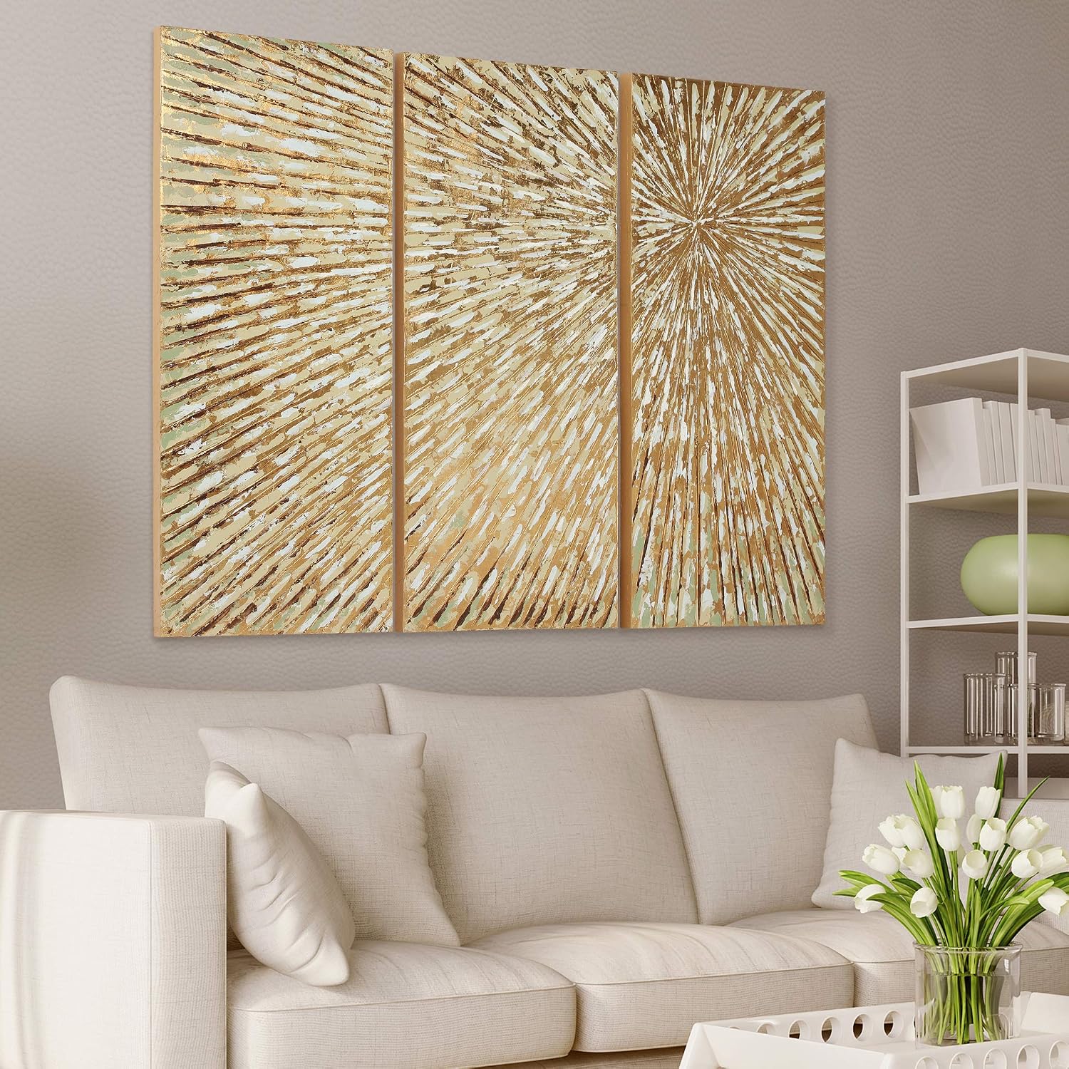 Empire Art Direct Gold Wall Art Textured Hand Painted Canvas by Martin Edwards, Triptych, 48' x 20' each, Sunshine