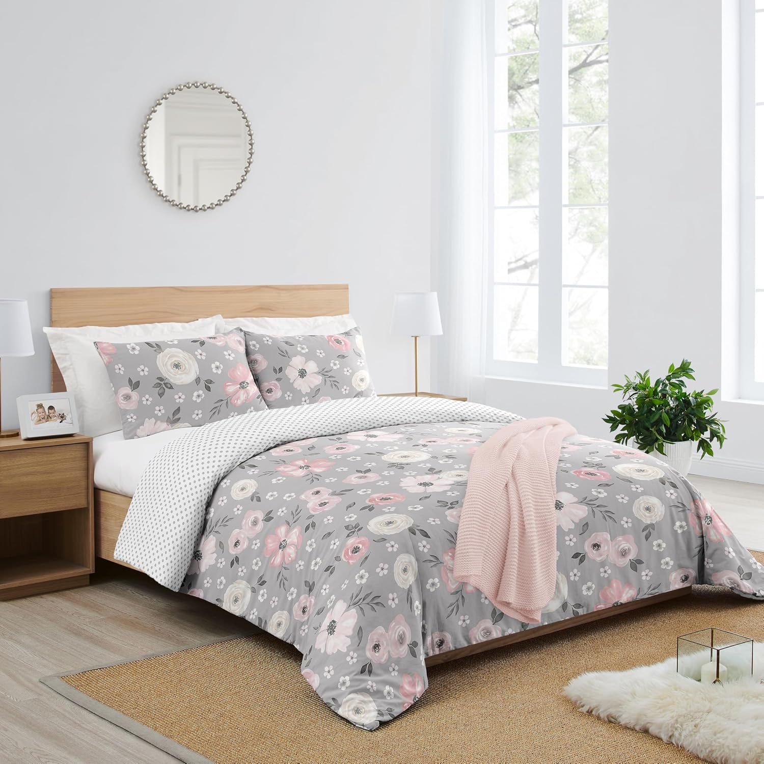Sweet Jojo Designs Grey Watercolor Floral Girl Full/Queen Bedding Comforter Set Kids Childrens Size - 3 Pieces - Blush Pink Gray and White Shabby Chic Rose Flower Polka Dot Farmhouse