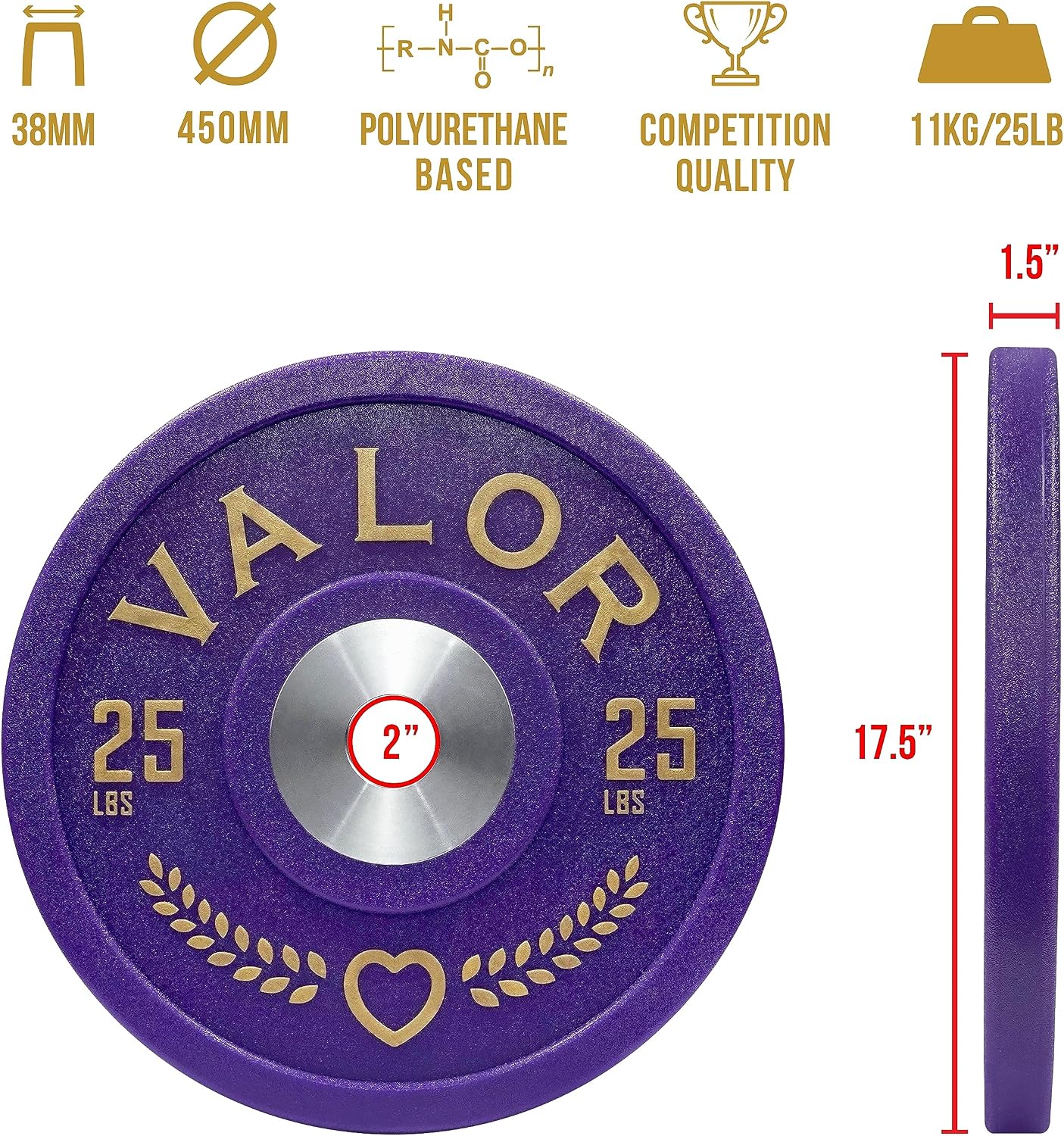 Valor Fitness Polyurethane Olympic Bumper Plates - 25lbs ea. -Set of 2 - Purple Heart Edition Weight Plate - 2 in Center Steel Ring - Military Home Gym Workout Equipment -BPPH-25