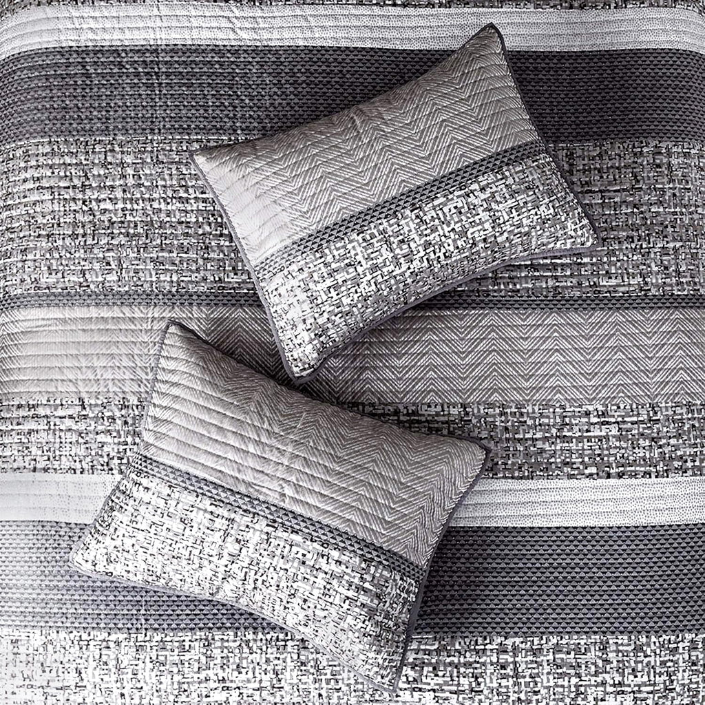 Madison Park King Quilt Set Lustrous Jacquard & Glitter Accent Coverlet Set - All Season, Lightweight Quilt Set, Shams, Decorative Pillow, King/Cal King Chevron Grey/Taupe