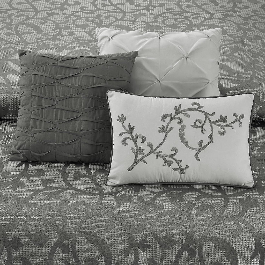 LANCO MODERN LIFESTYLE Grey Queen Comforter Set, Classic Jacquard Floral 14 Pieces Bedding Set, Ultra Soft for All Seasons, Sheets, Bedskirt, Throw, Matching Shams and Decor Pillows