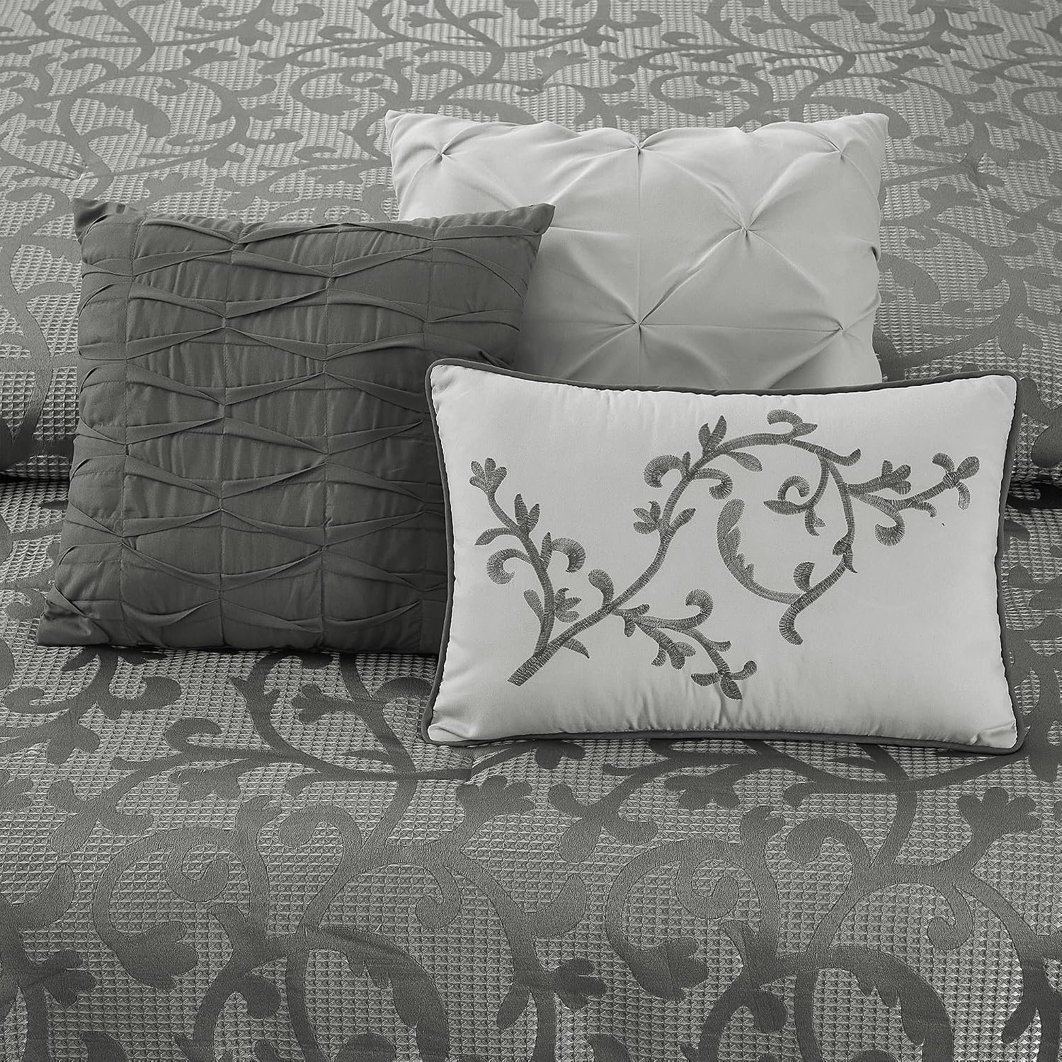 LANCO MODERN LIFESTYLE Grey Queen Comforter Set, Classic Jacquard Floral 14 Pieces Bedding Set, Ultra Soft for All Seasons, Sheets, Bedskirt, Throw, Matching Shams and Decor Pillows