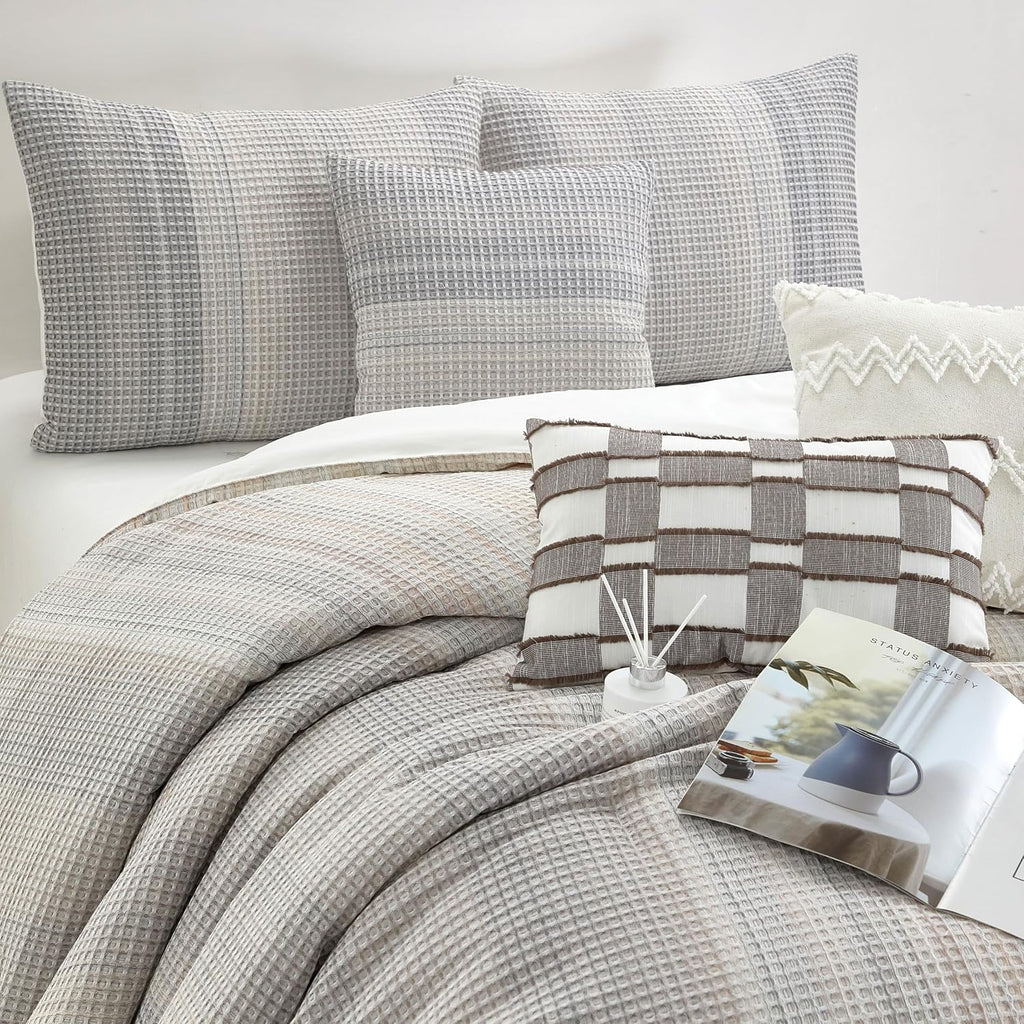Grand Avenue Grey Waffle Jacquard Comforter Set California King Size, 7 Piece Striped Bedding Set, All Season Home Decor, Matching Pillow Shams, Bedskirt, Decorative Pillows