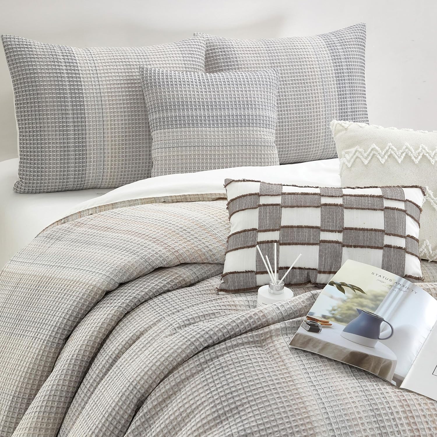 Grand Avenue Grey Waffle Jacquard Comforter Set California King Size, 7 Piece Striped Bedding Set, All Season Home Decor, Matching Pillow Shams, Bedskirt, Decorative Pillows